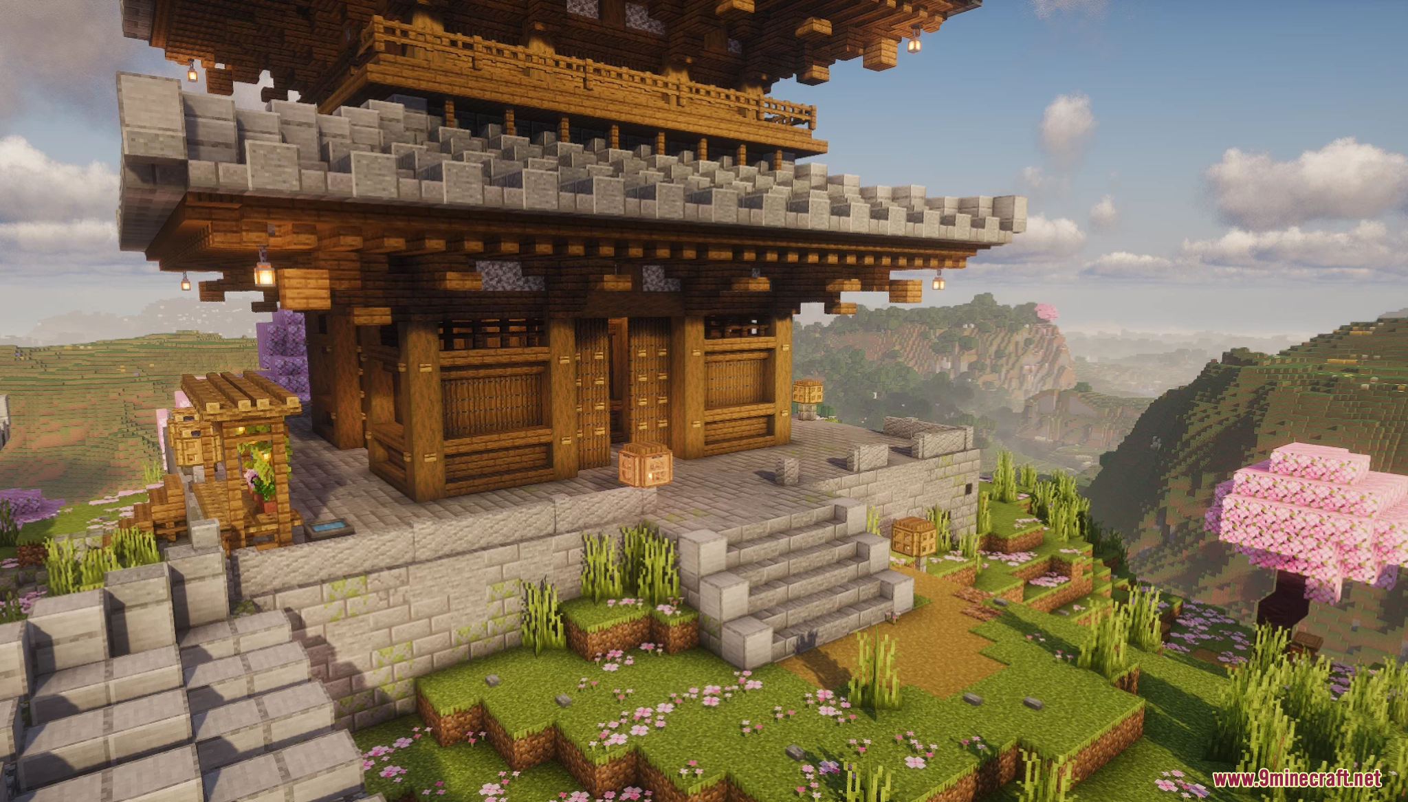 Close up view of the base of a wooden Minecraft pagoda structure