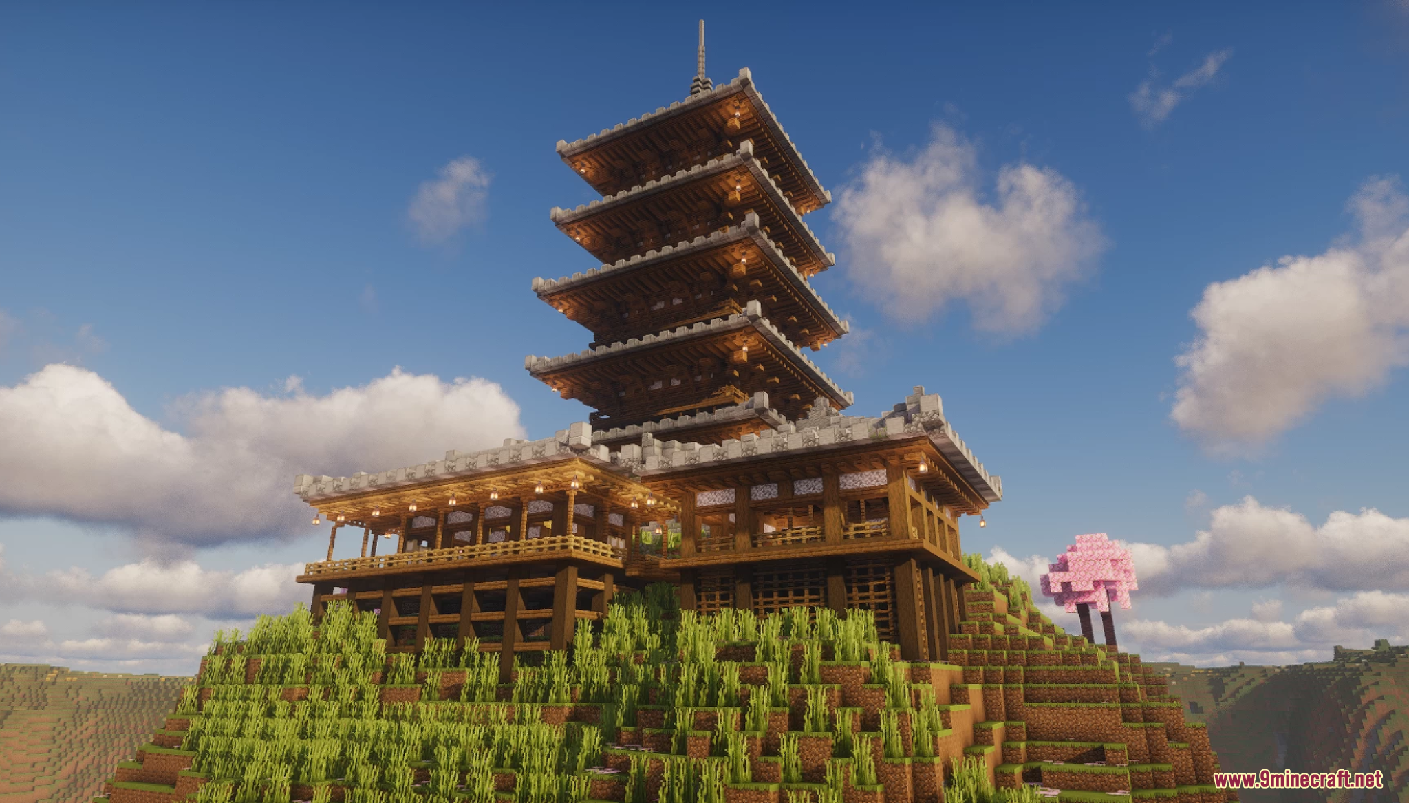 A tall wooden pagoda with many levels from the Sakura Pagoda Map