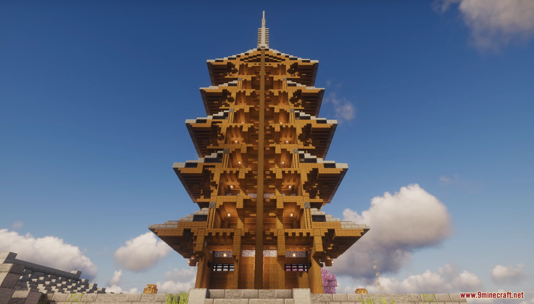 Detailed low angle view of a tall wooden pagoda structure in Minecraft