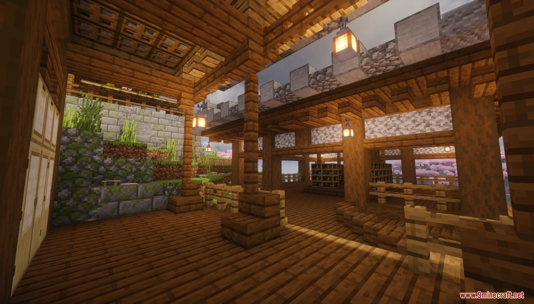 Interior of a traditional Japanese wooden building with hanging lanterns and pillars