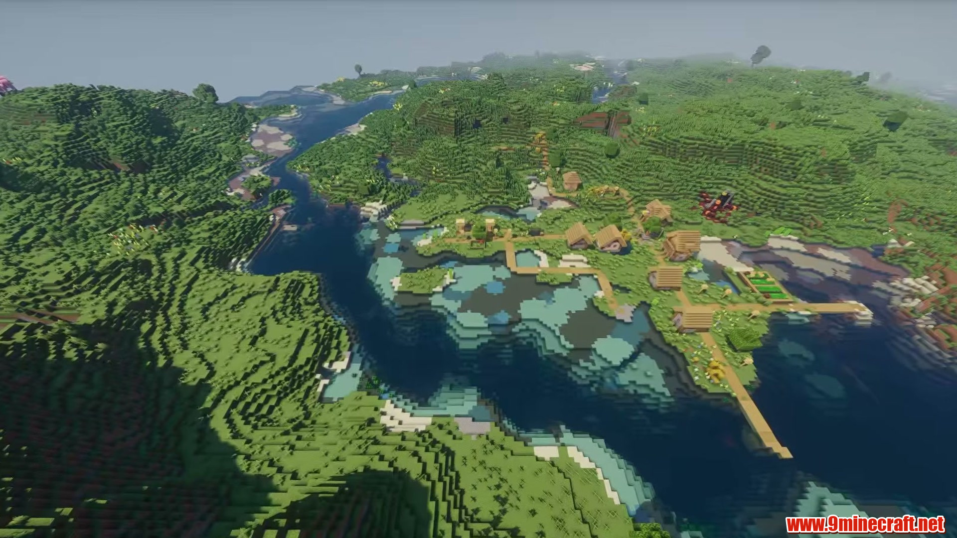 Terrain and landmarks in Minecraft seed 7480690809856477420