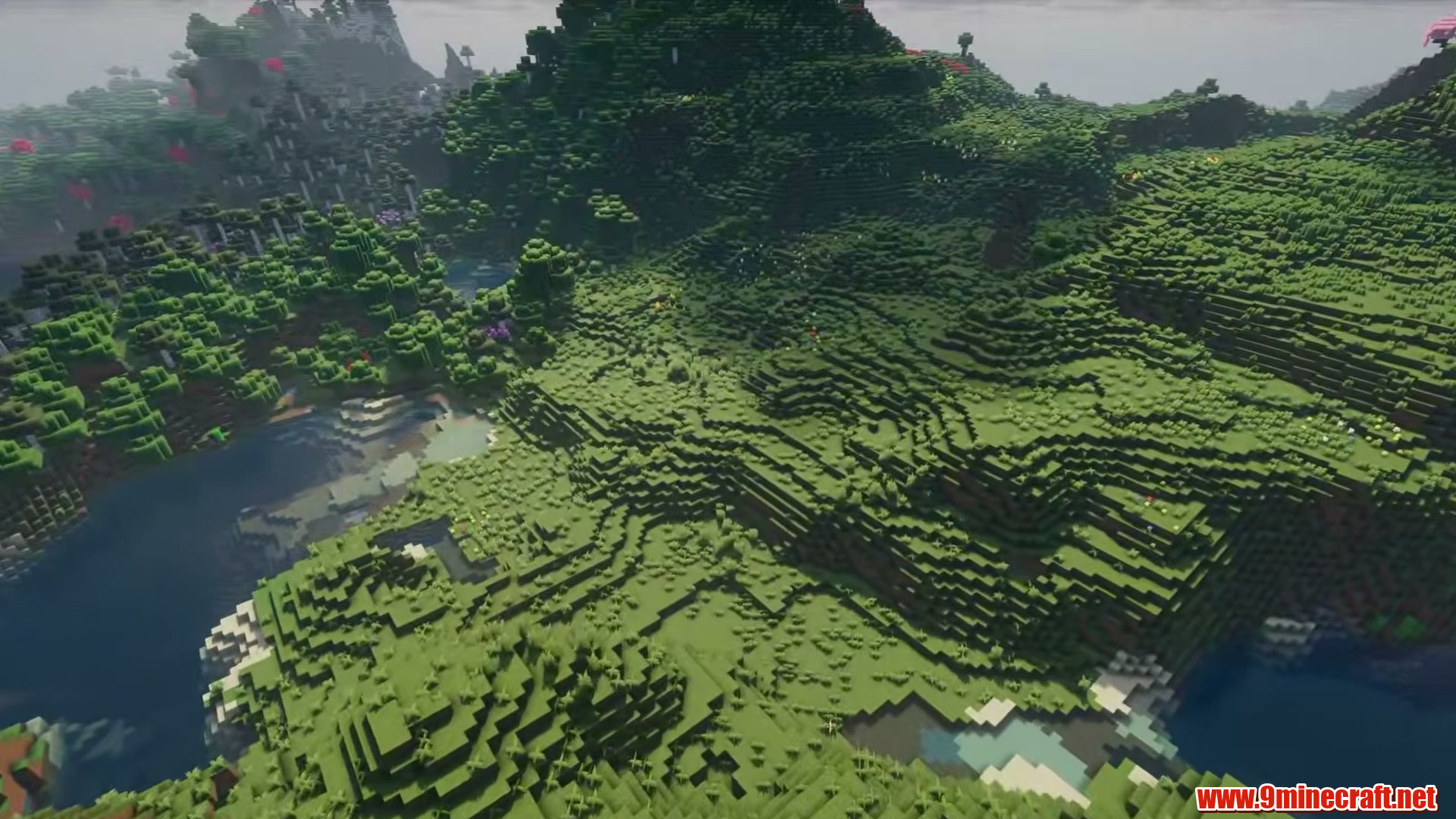 Terrain and landmarks in Minecraft seed 59237551863505717
