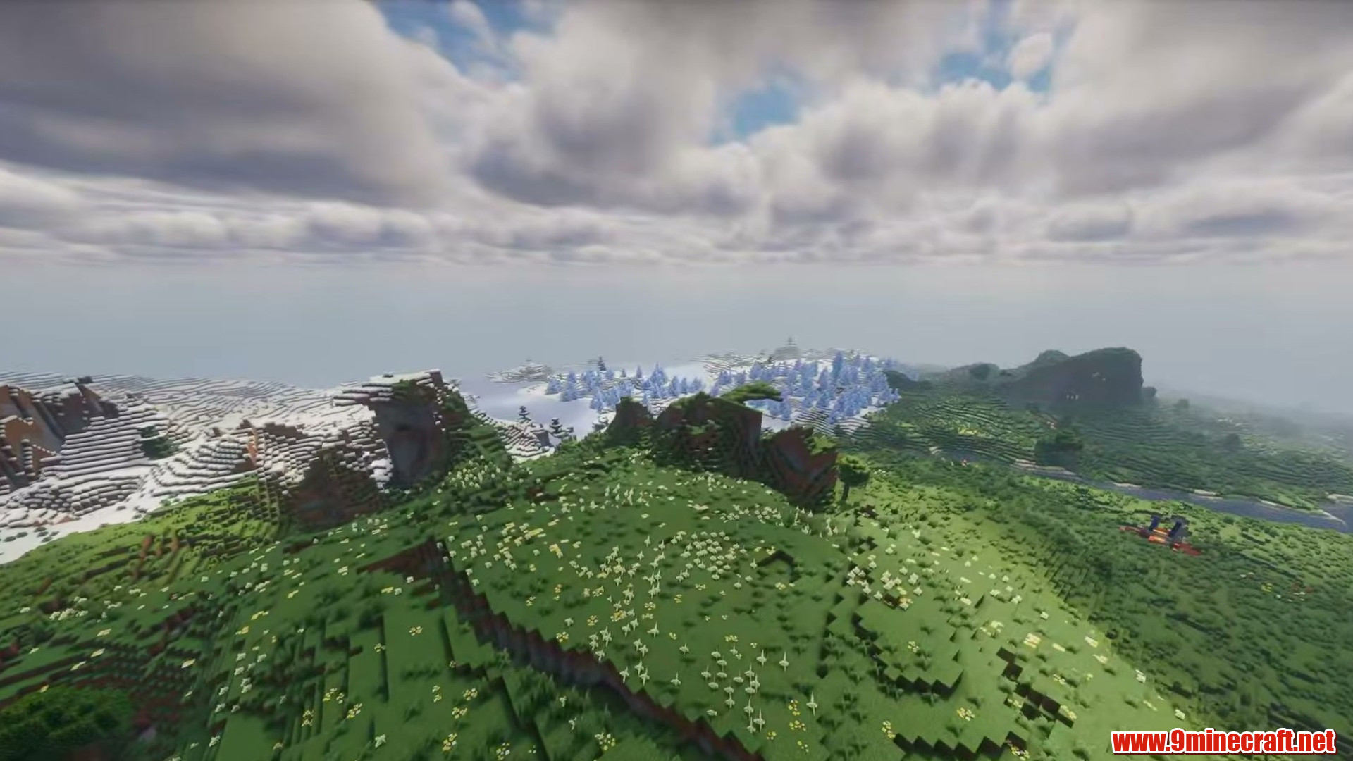 Terrain and landmarks in Minecraft seed 7587457554127573087