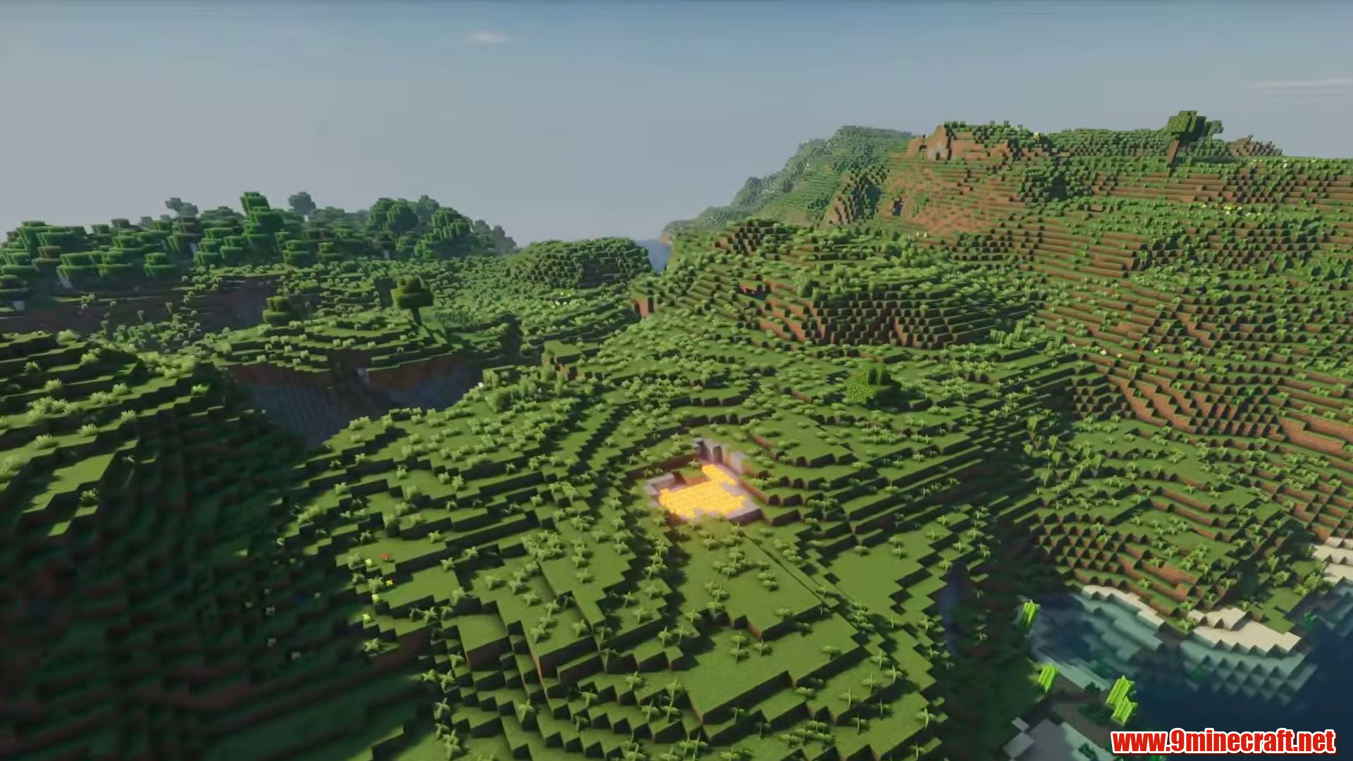 Terrain and landmarks in Minecraft seed 8371624752121344673