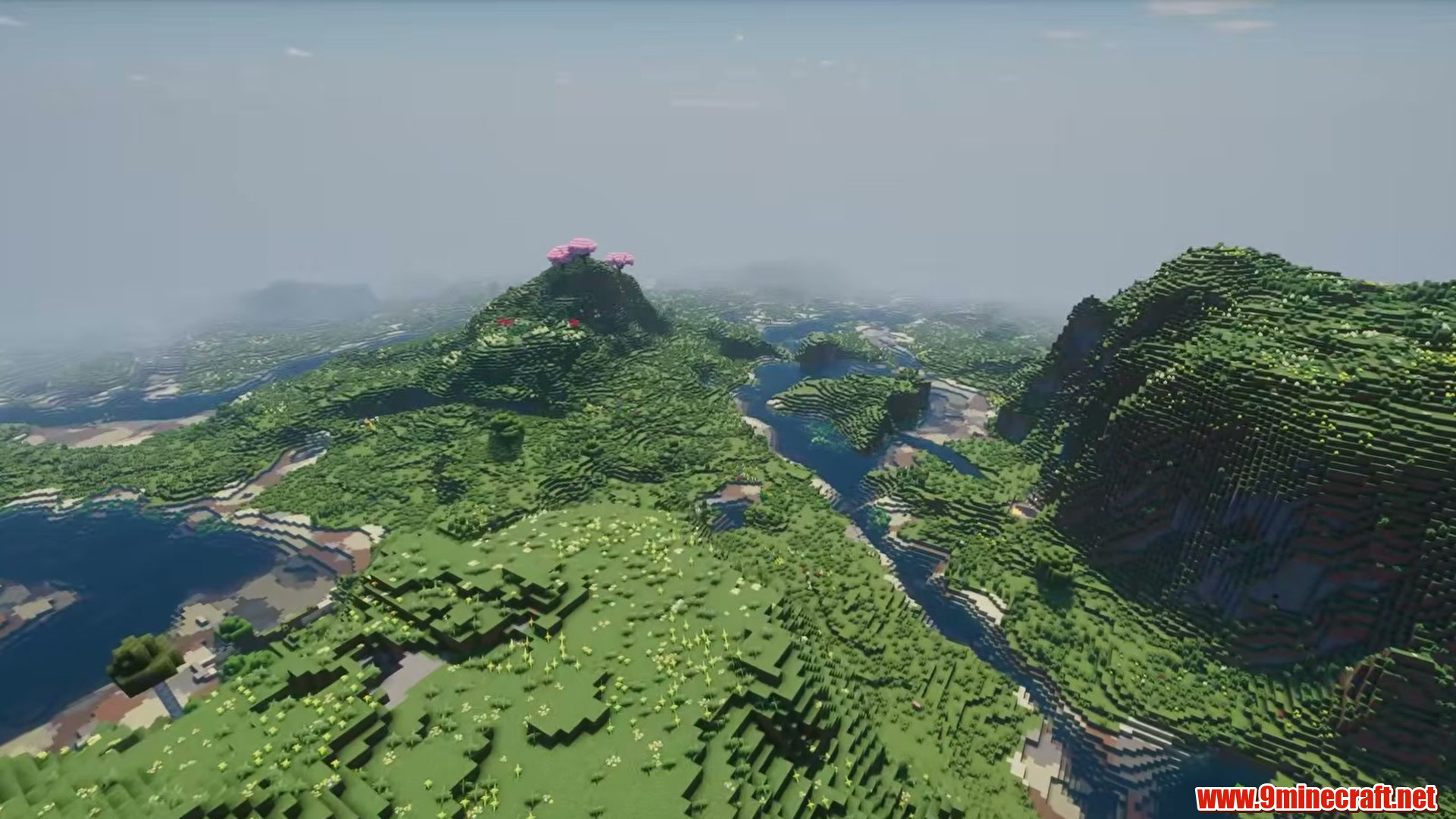 Terrain and landmarks in Minecraft seed 8045375093678648927