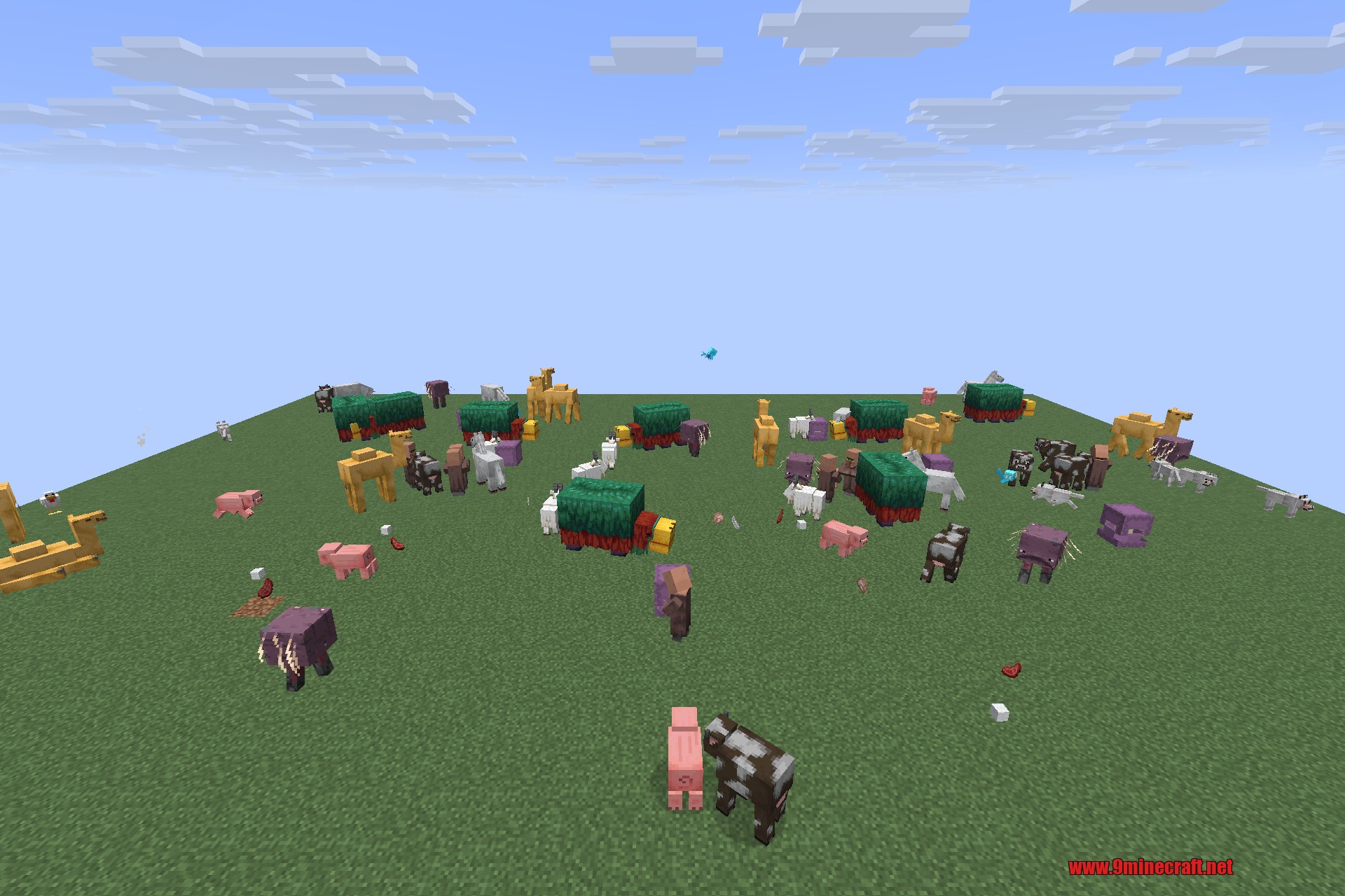 Saturn 9minecraft Mod Screenshot 1 A large collection of different Minecraft mobs standing on a flat grass field