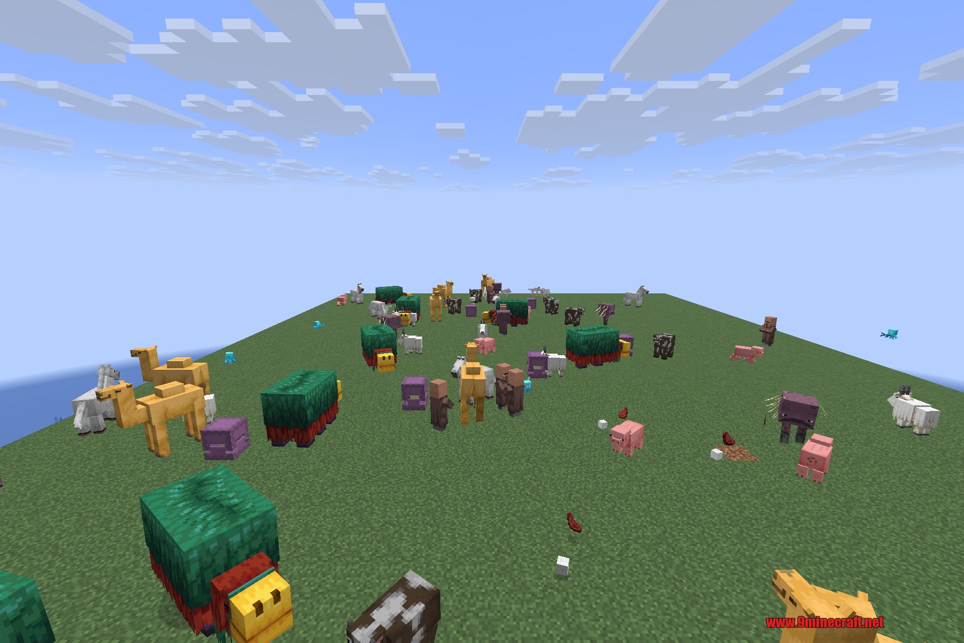 Saturn 9minecraft Mod Screenshot 2 Various Minecraft entities and animals gathered together on a wide green grass plain