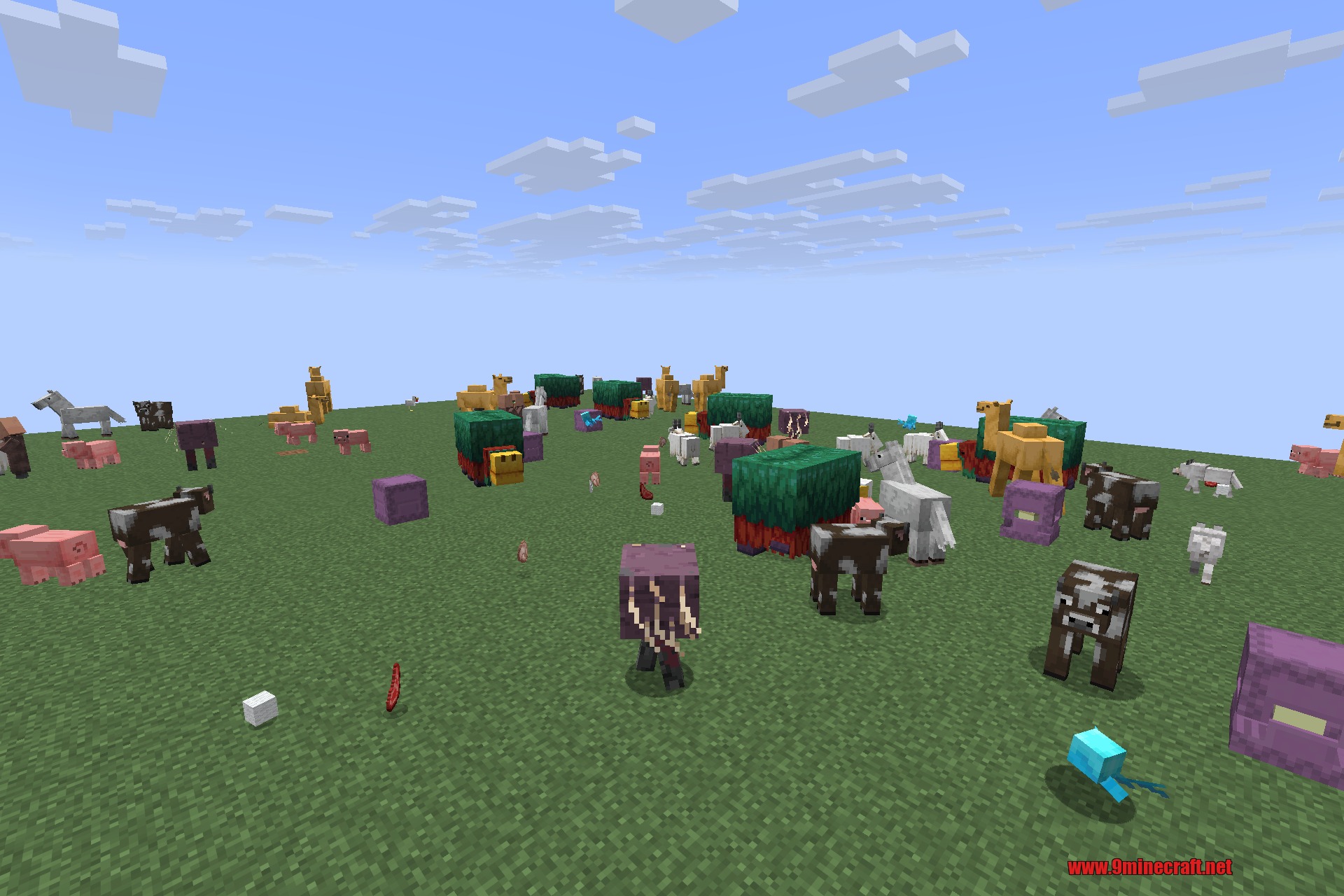 Saturn 9minecraft Mod Screenshot 3 A wide variety of Minecraft mobs standing on a flat grass field