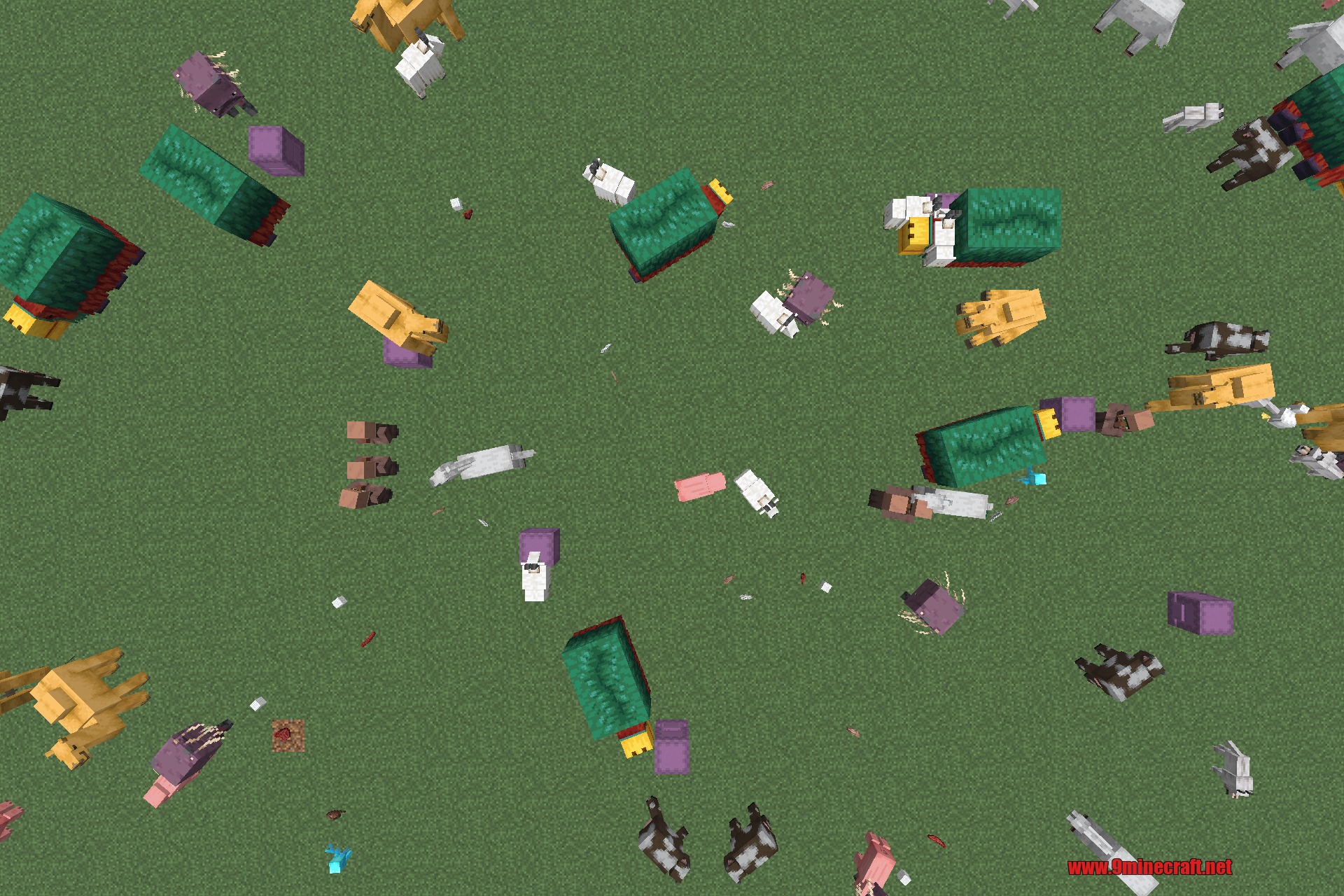 Saturn 9minecraft Mod Screenshot 5 Top down view of various Minecraft mobs scattered across a green grass field
