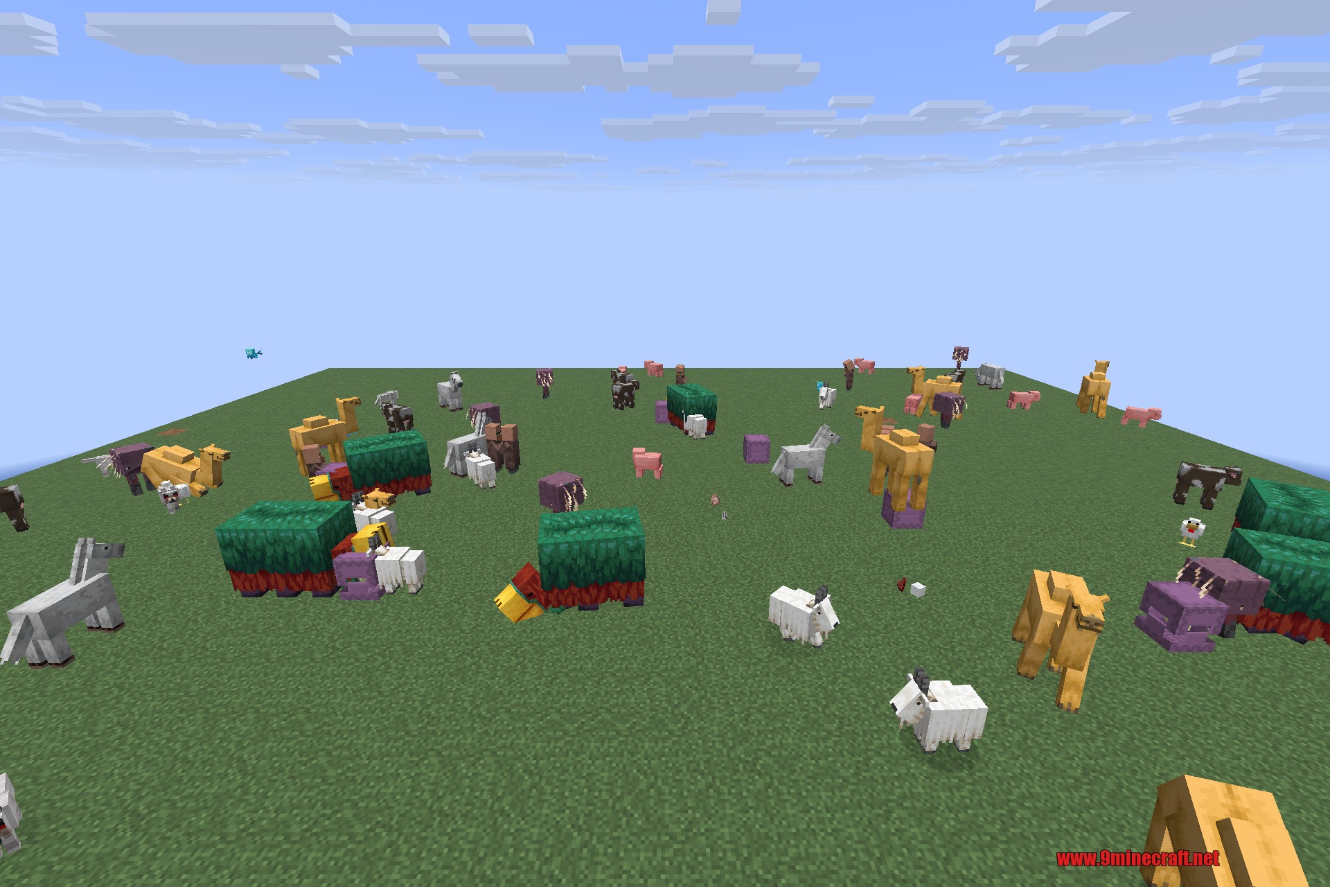 Saturn 9minecraft Mod Screenshot 6 Many different Minecraft mobs and animals standing together on a flat grass field
