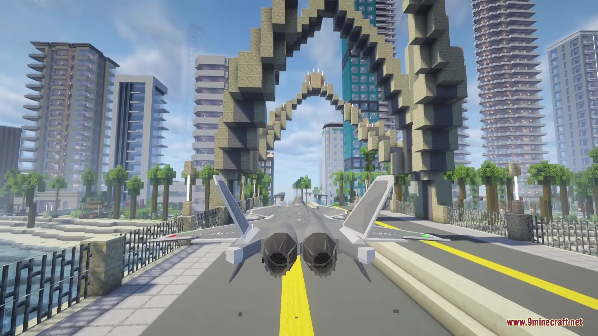 Sbw Drr Mod Screenshot 10 A military jet flying through a large stone archway in a Minecraft city