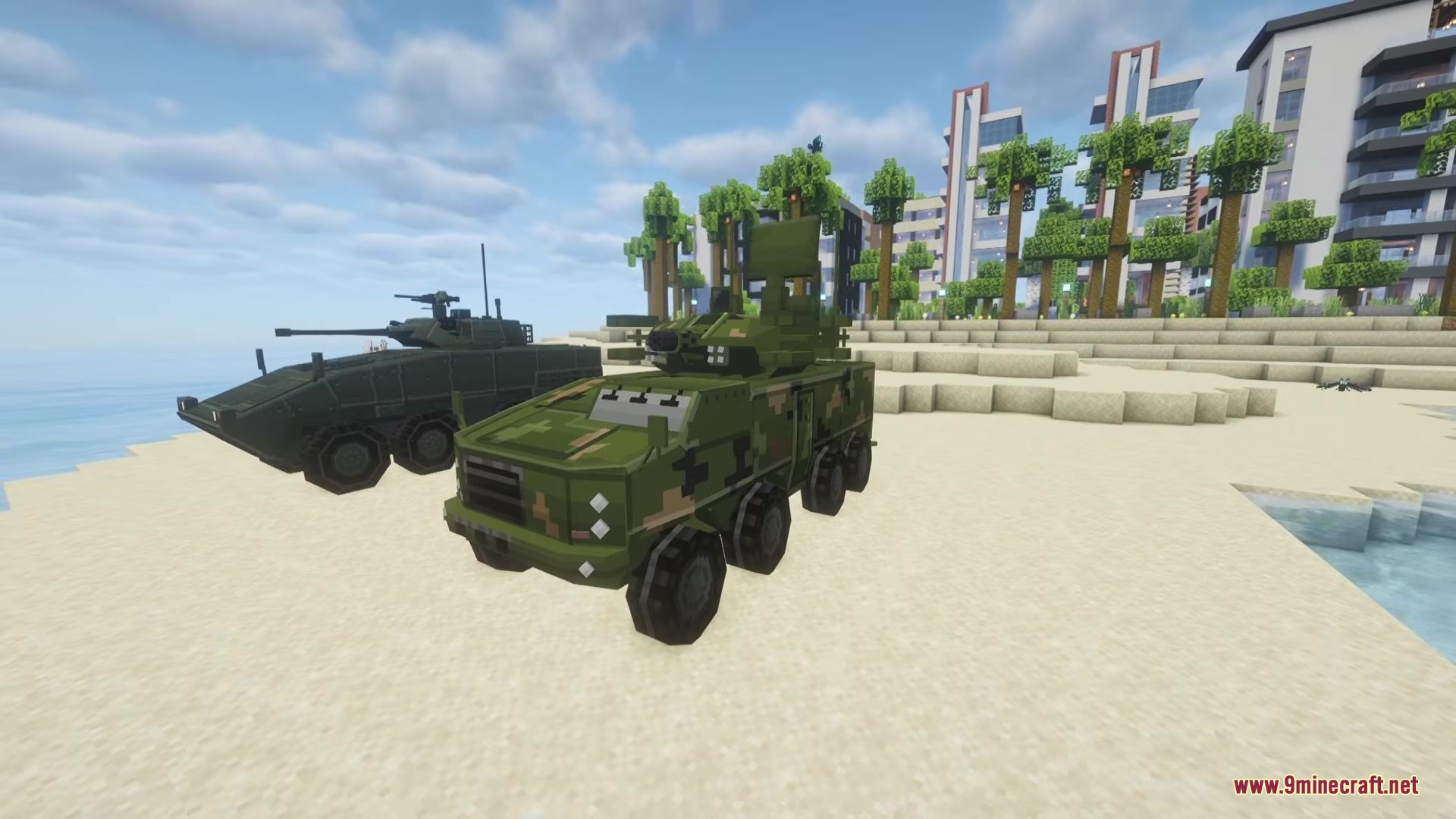 Sbw Drr Mod Screenshot 2 Two green armored military vehicles parked on a beach near tall palm trees