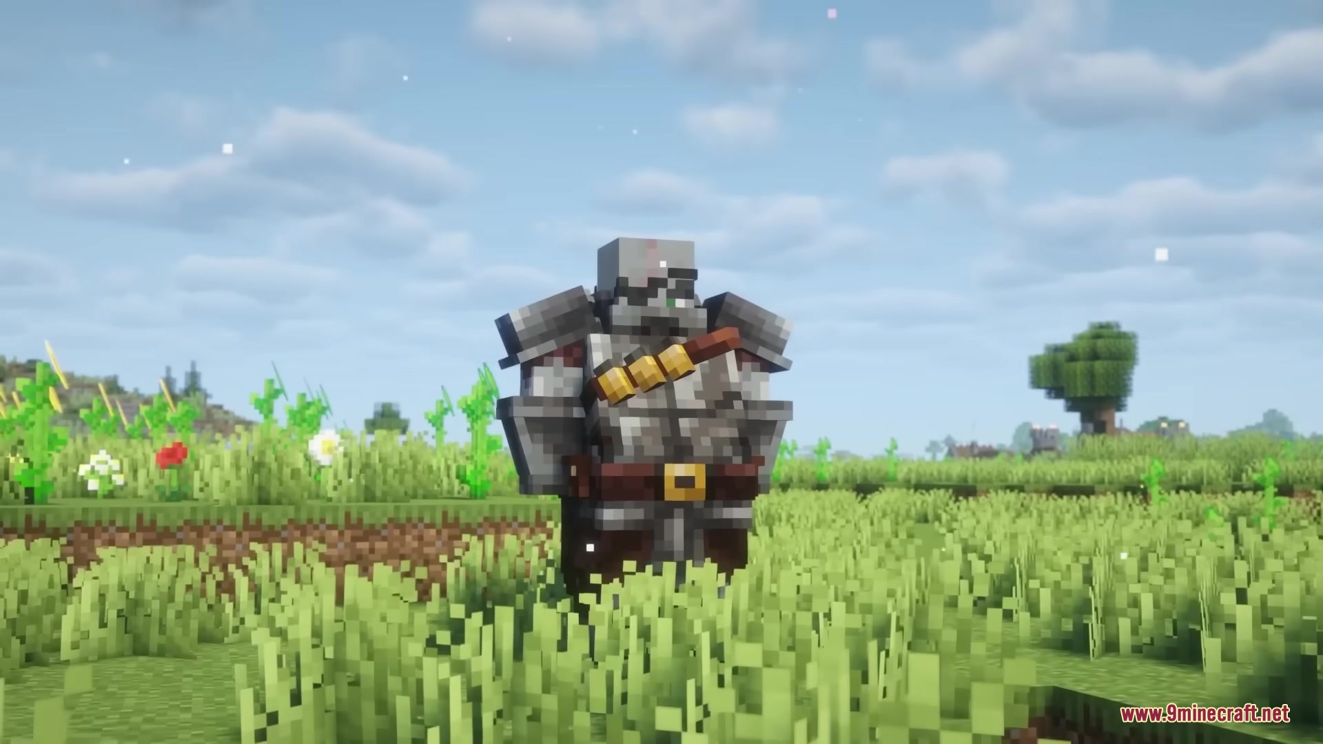 Scorched Guns Neoforged Mod Screenshot 1 A heavily armored mob with a bullet bandolier standing in a grassy field