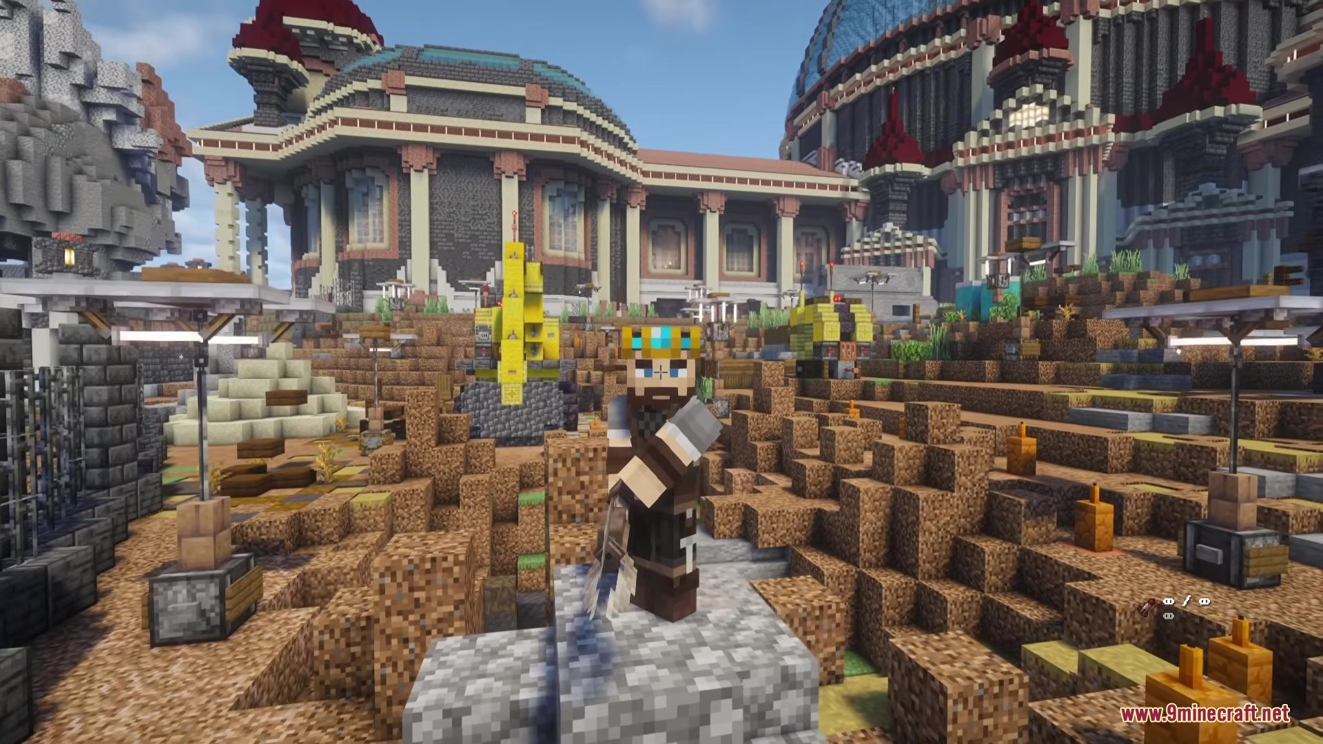 Scorched Guns Neoforged Mod Screenshot 12 A Minecraft player wearing a crown stands before a large domed building structure