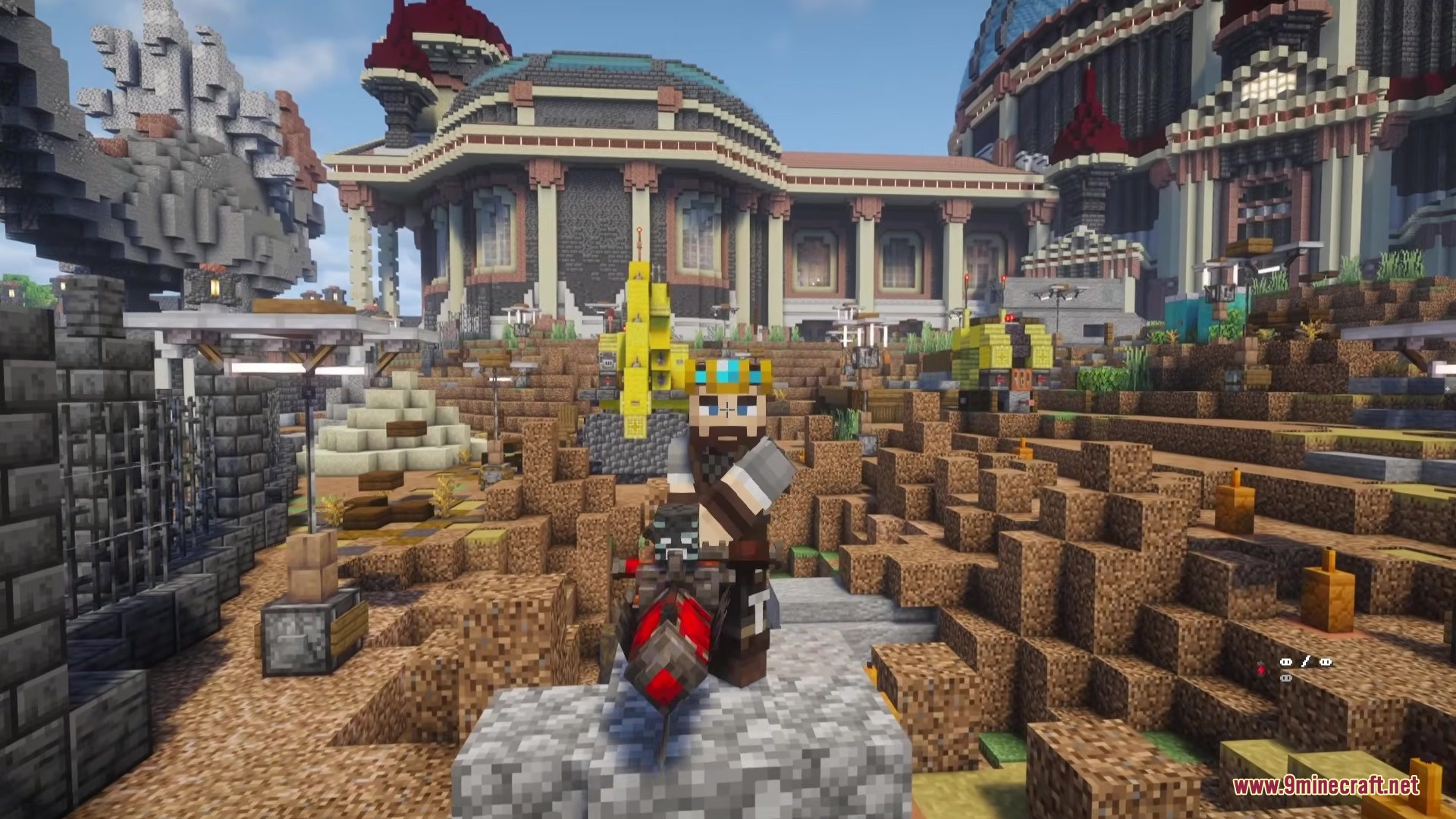 Scorched Guns Neoforged Mod Screenshot 13 A crowned Minecraft player holding a powerful weapon from Scorched Guns Neoforged mod