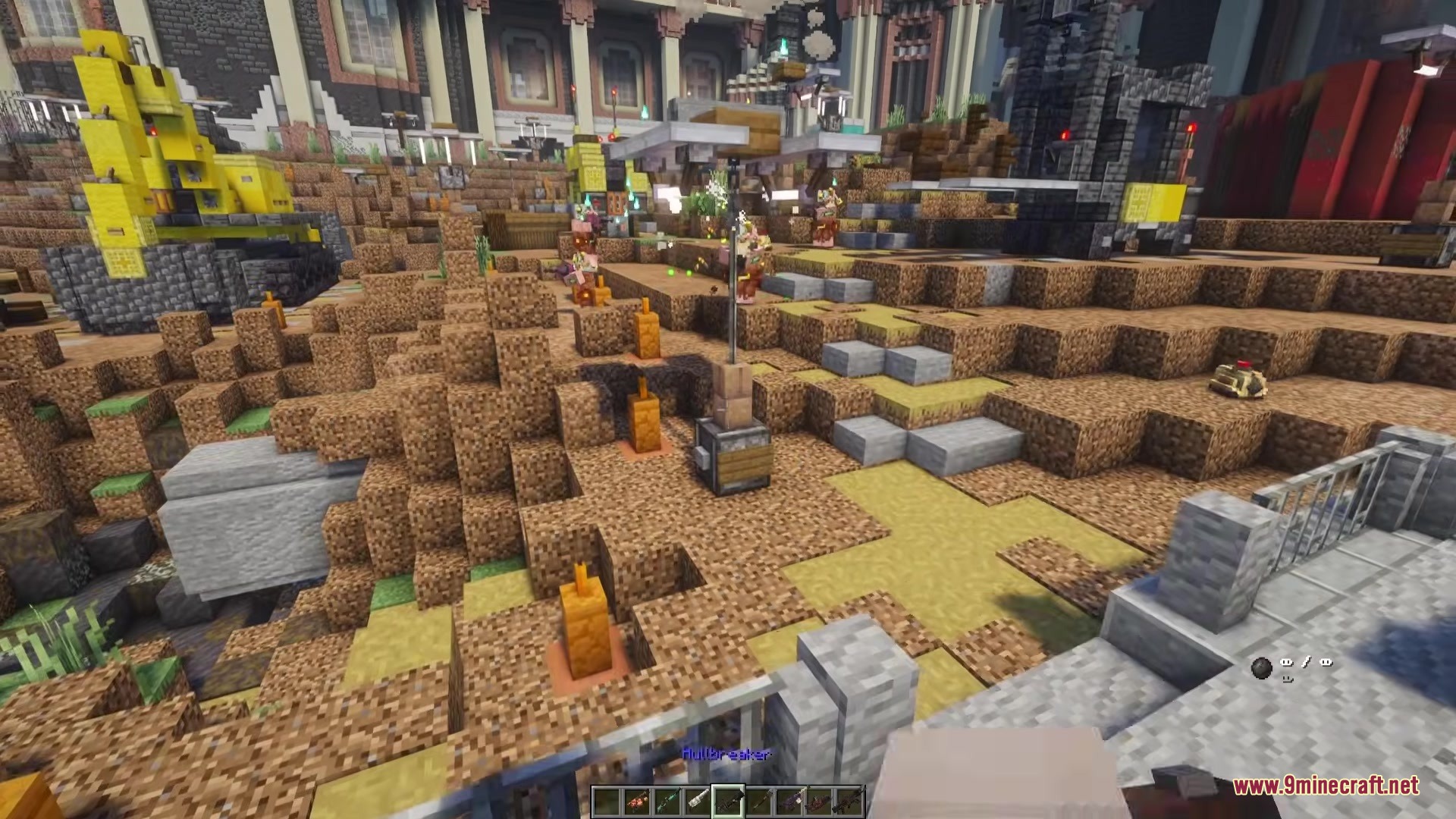 Scorched Guns Neoforged Mod Screenshot 14 Heavy machinery and excavators digging through dirt blocks in a Minecraft construction site