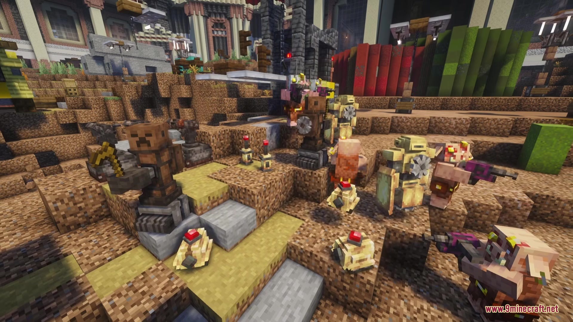 Scorched Guns Neoforged Mod Screenshot 15 Hostile mobs and automated turrets equipped with heavy firearms in a desert landscape