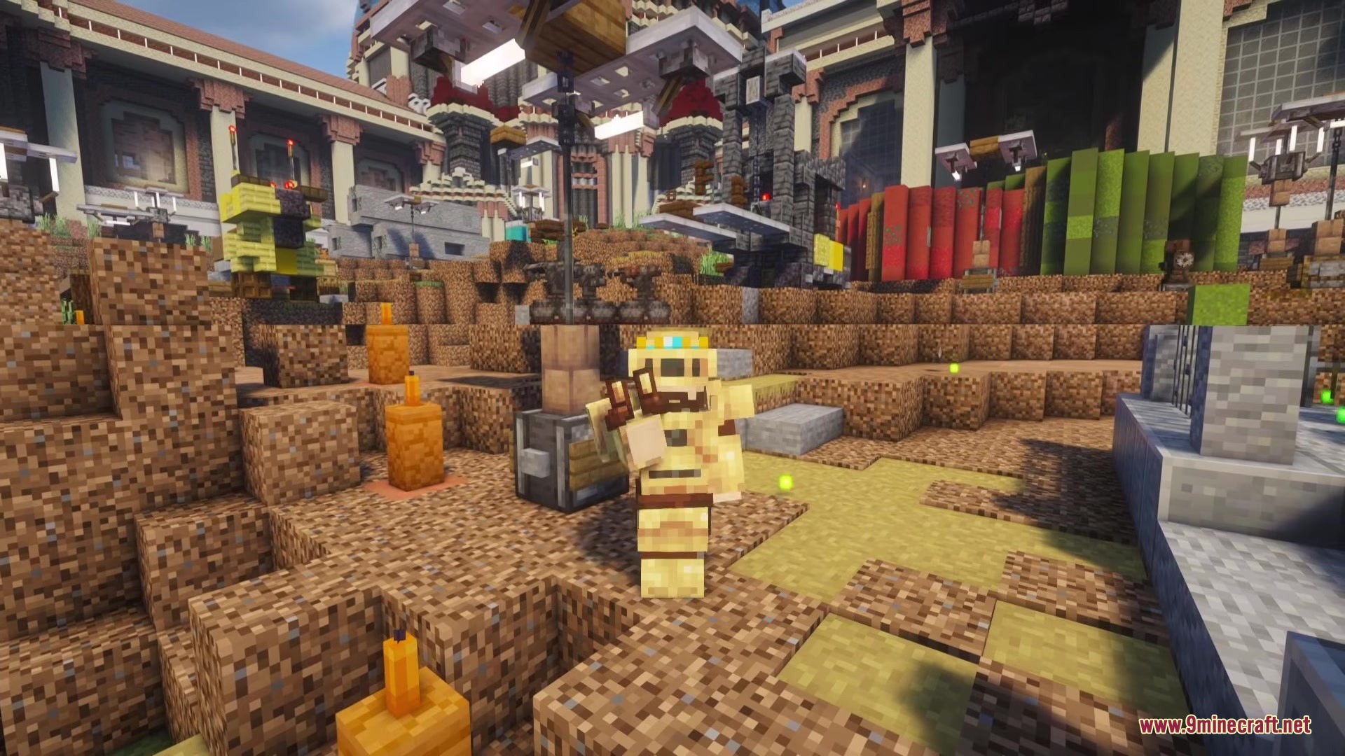 Scorched Guns Neoforged Mod Screenshot 16 Player character showcasing a full set of yellow ExoSuit armor in Minecraft
