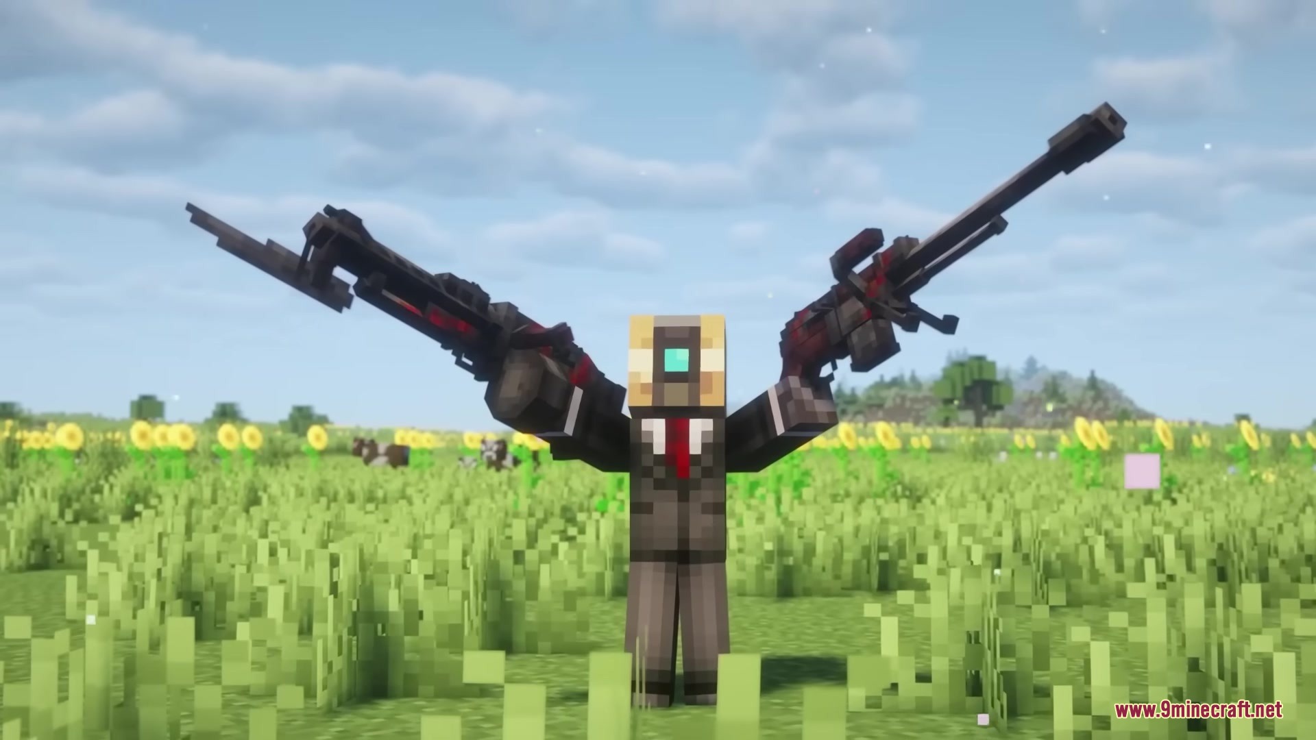 Scorched Guns Neoforged Mod Screenshot 2 A player character in a suit dual wielding two large heavy firearms