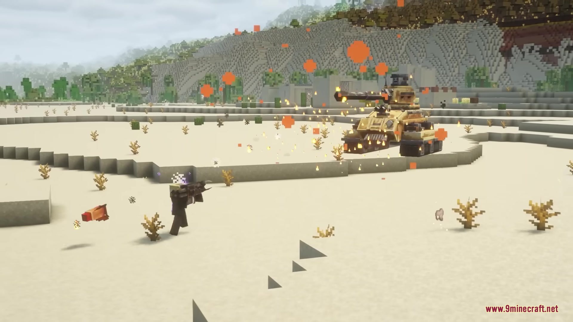 Scorched Guns Neoforged Mod Screenshot 4 Combat tank firing its main cannon in a desert with bright orange explosions