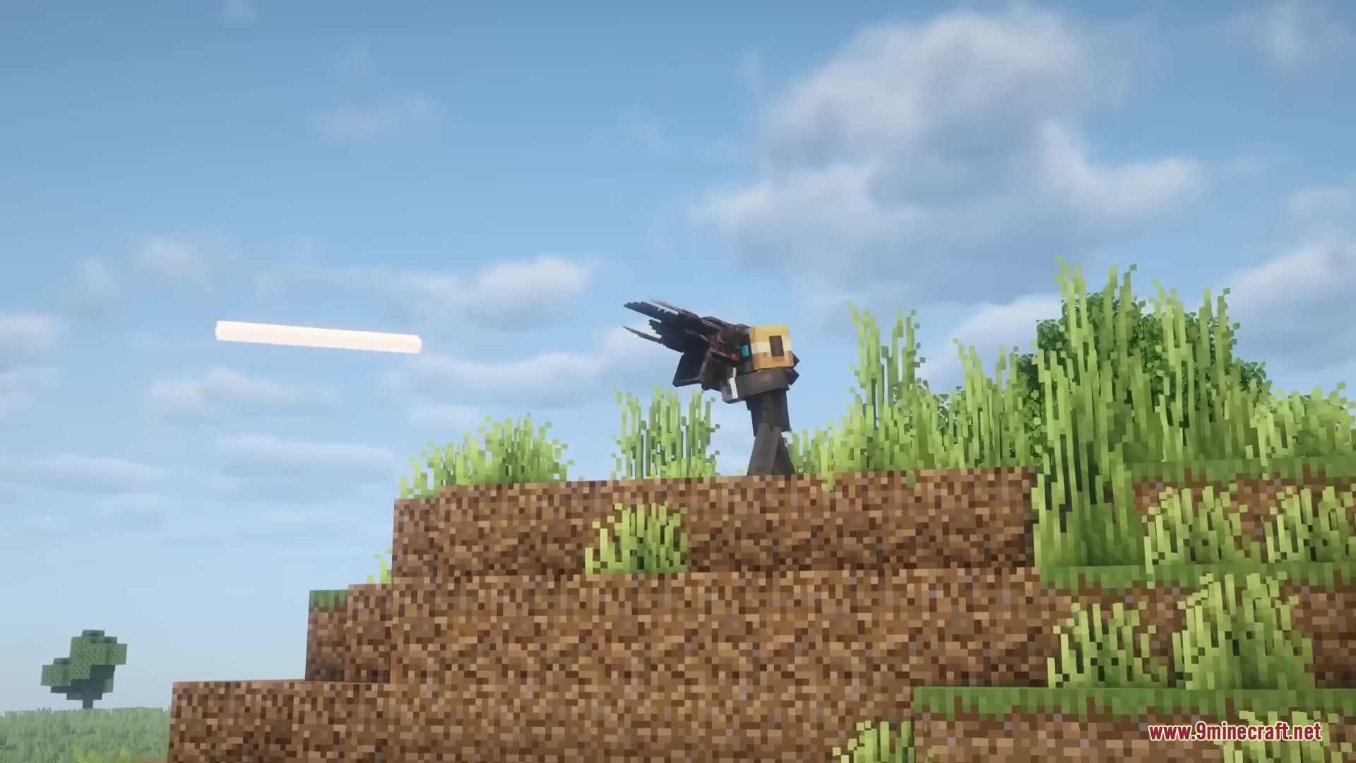 Scorched Guns Neoforged Mod Screenshot 5 A Minecraft character fires a gun leaving a white projectile trail in the sky