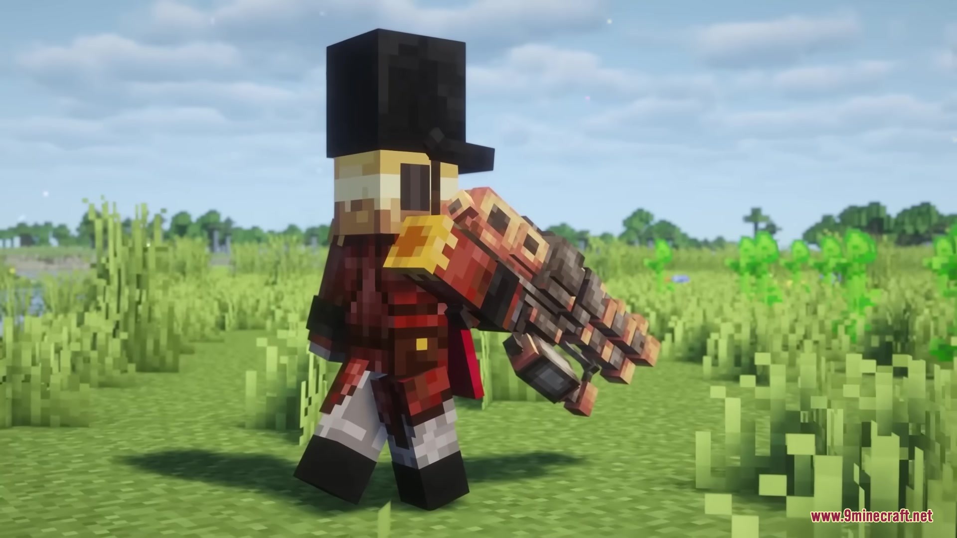 Scorched Guns Neoforged Mod Screenshot 6 A player wearing a red military uniform holds a large custom firearm