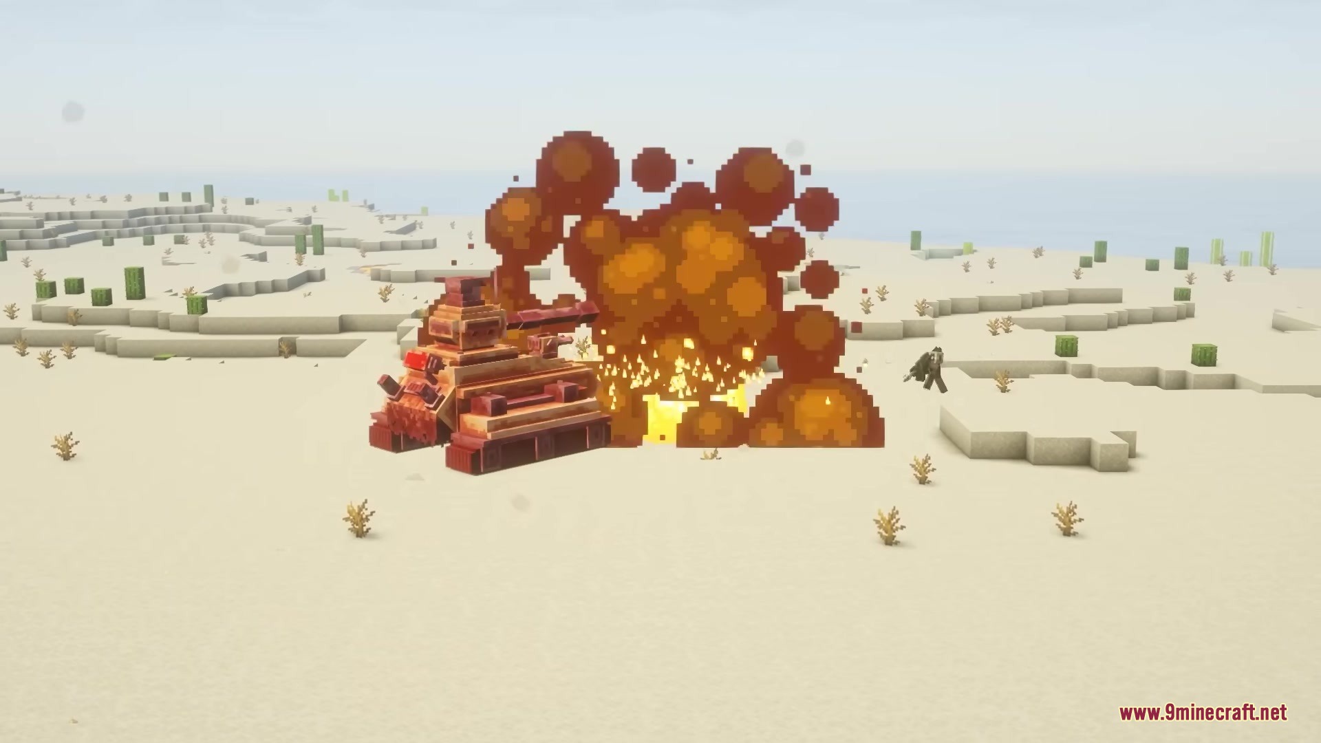 Scorched Guns Neoforged Mod Screenshot 9 A heavy combat tank next to a large pixelated explosion in the desert