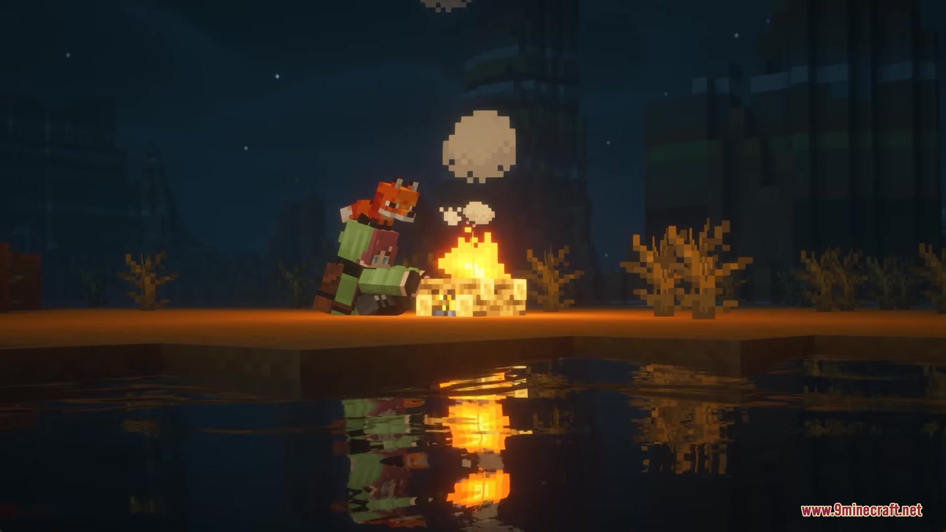 Scroll Walk Mod Screenshot 1 Minecraft character sitting by a campfire at night with a pet fox