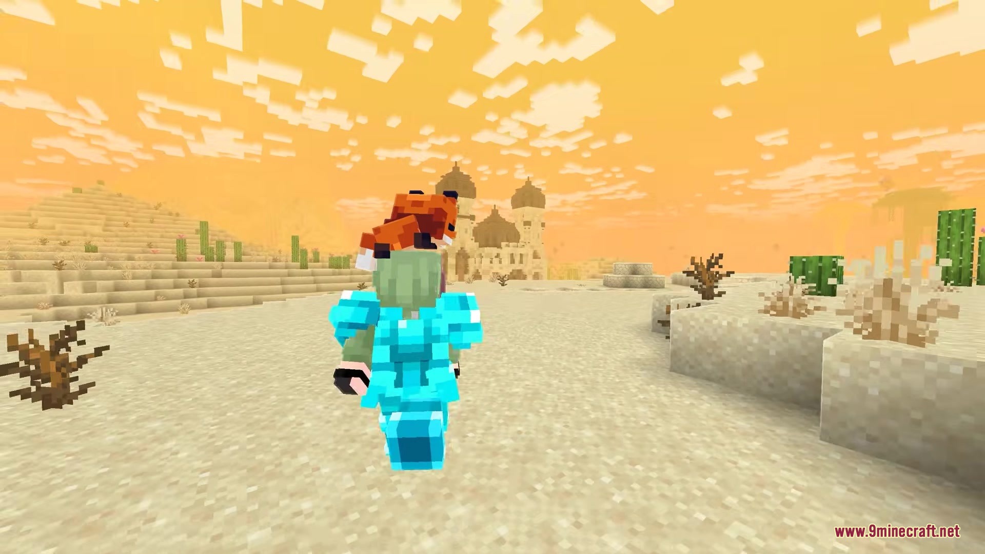 Scroll Walk Mod Screenshot 2 Player in diamond armor walking through a desert with a pet fox
