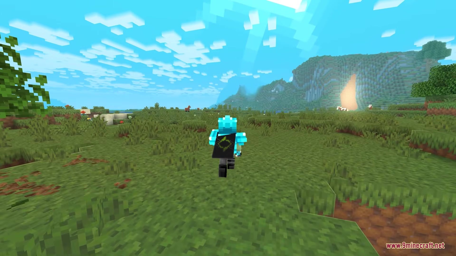 Scroll Walk Mod Screenshot 3 A player character with a cape runs across a wide green field