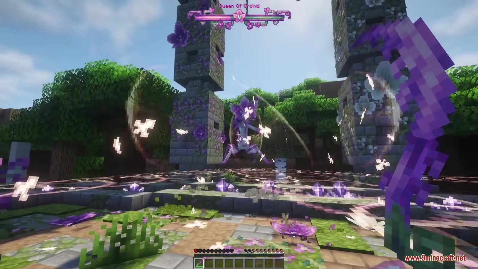 Sea Myths Legendary Ocean Monsters & Bosses Creatures Mod Screenshot 1 A player fights the Queen of Orchid boss in a flowery stone arena