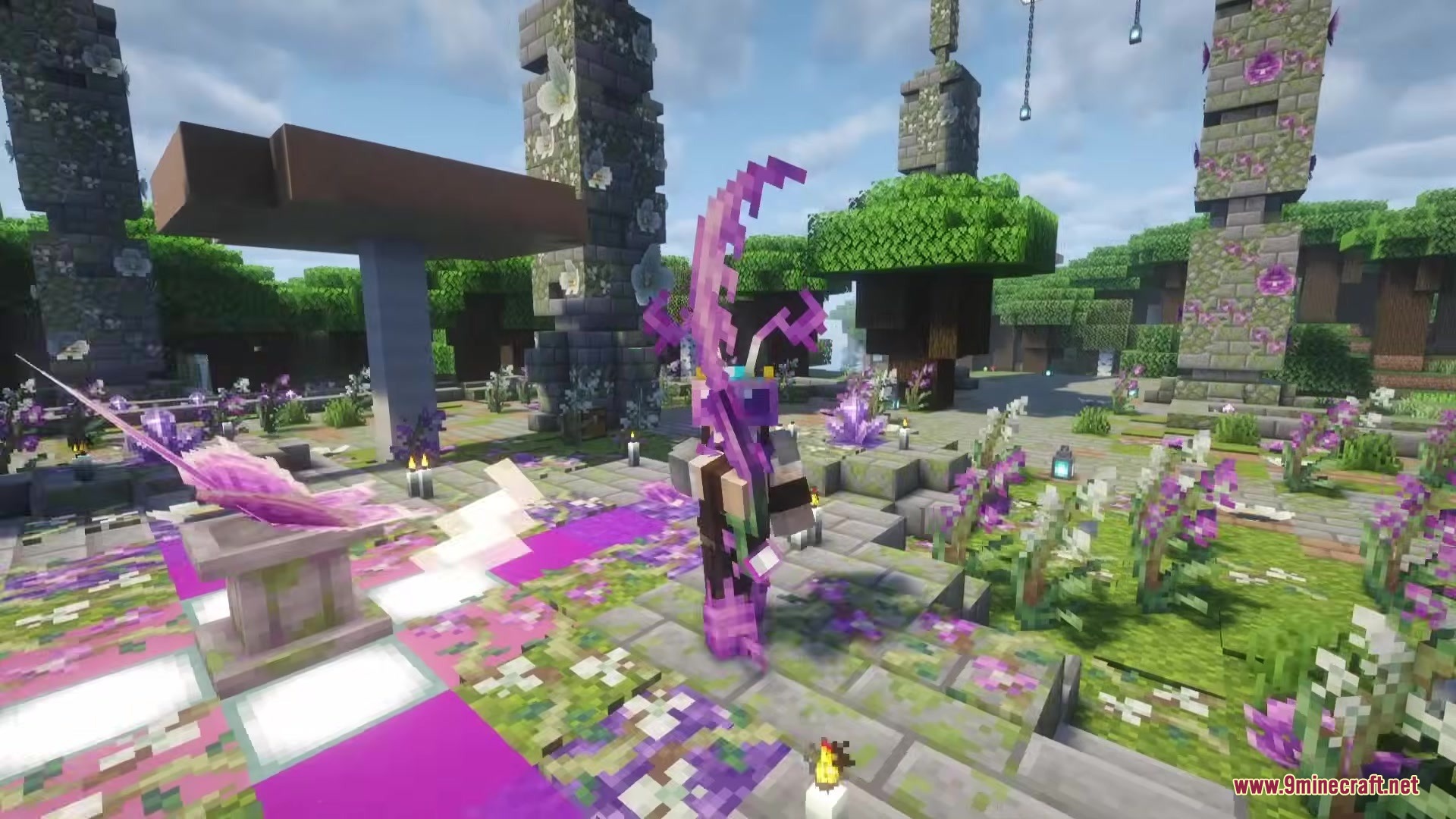 Sea Myths Legendary Ocean Monsters & Bosses Creatures Mod Screenshot 2 Player wearing purple armor and holding a magical staff in a stone garden