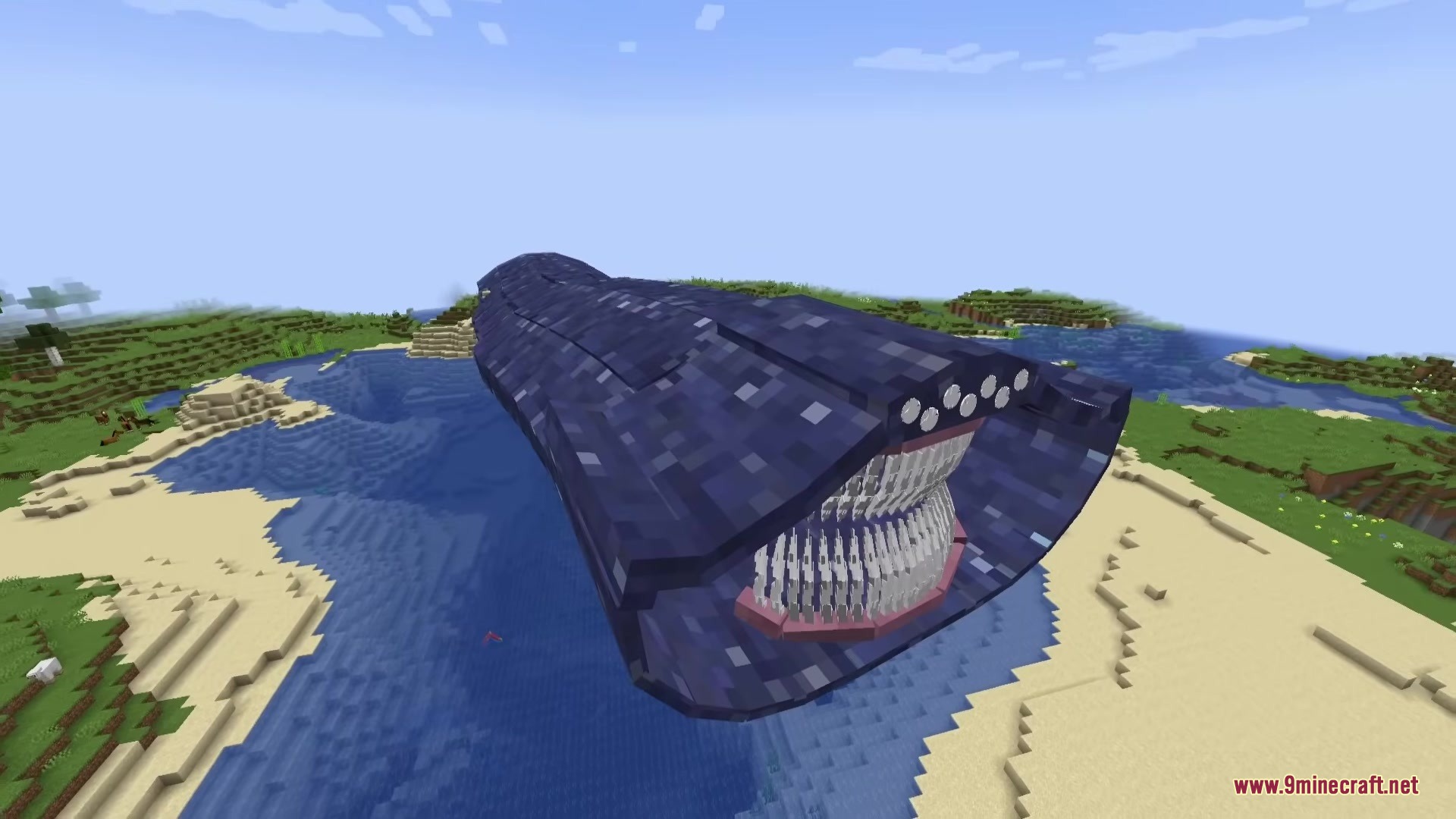 Sea Myths Legendary Ocean Monsters & Bosses Creatures Mod Screenshot 5 The giant Sea Eater monster with many teeth swims above a Minecraft beach