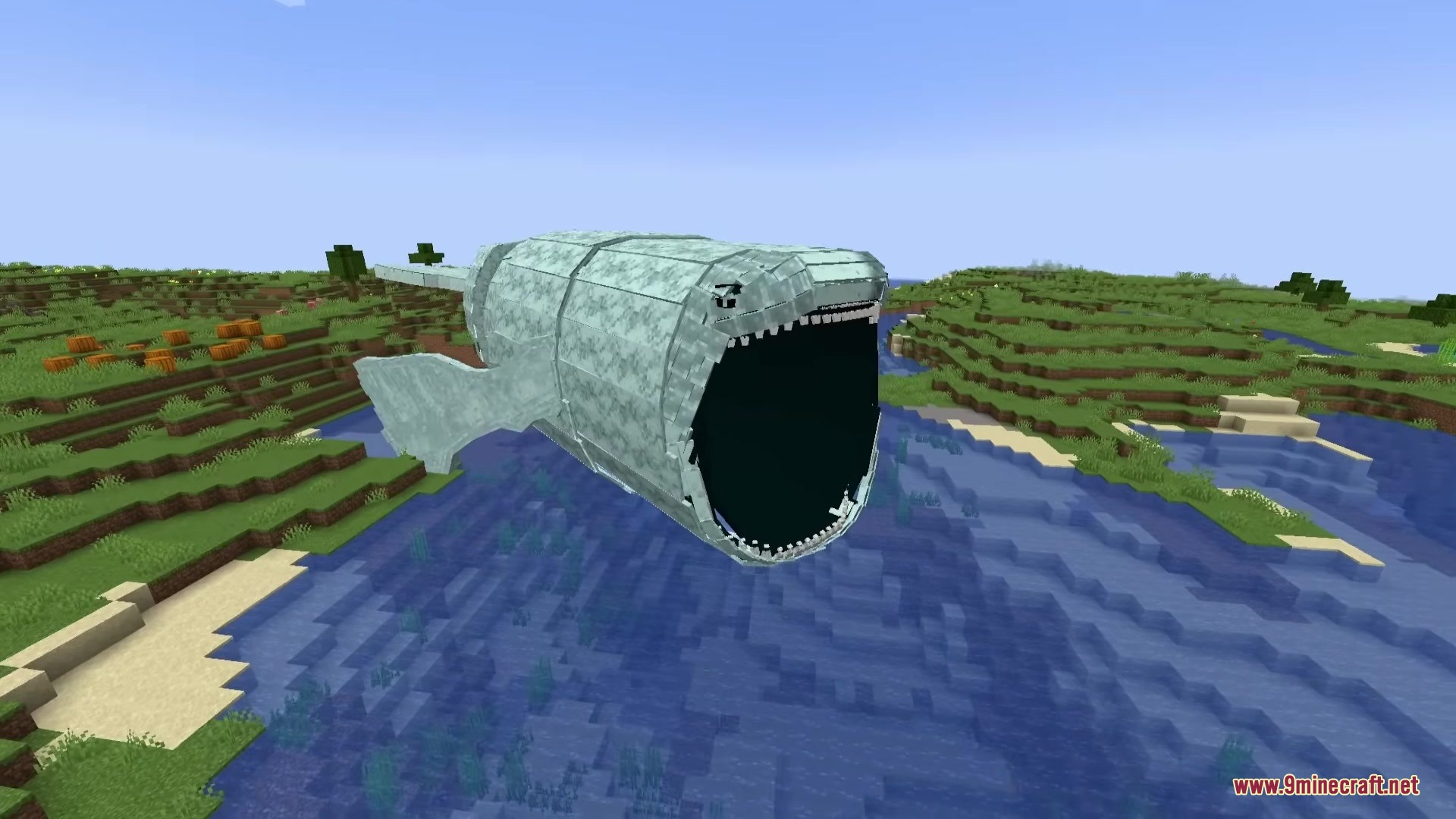 Sea Myths Legendary Ocean Monsters & Bosses Creatures Mod Screenshot 6 A massive pale Bloop creature with a huge mouth floats over the landscape