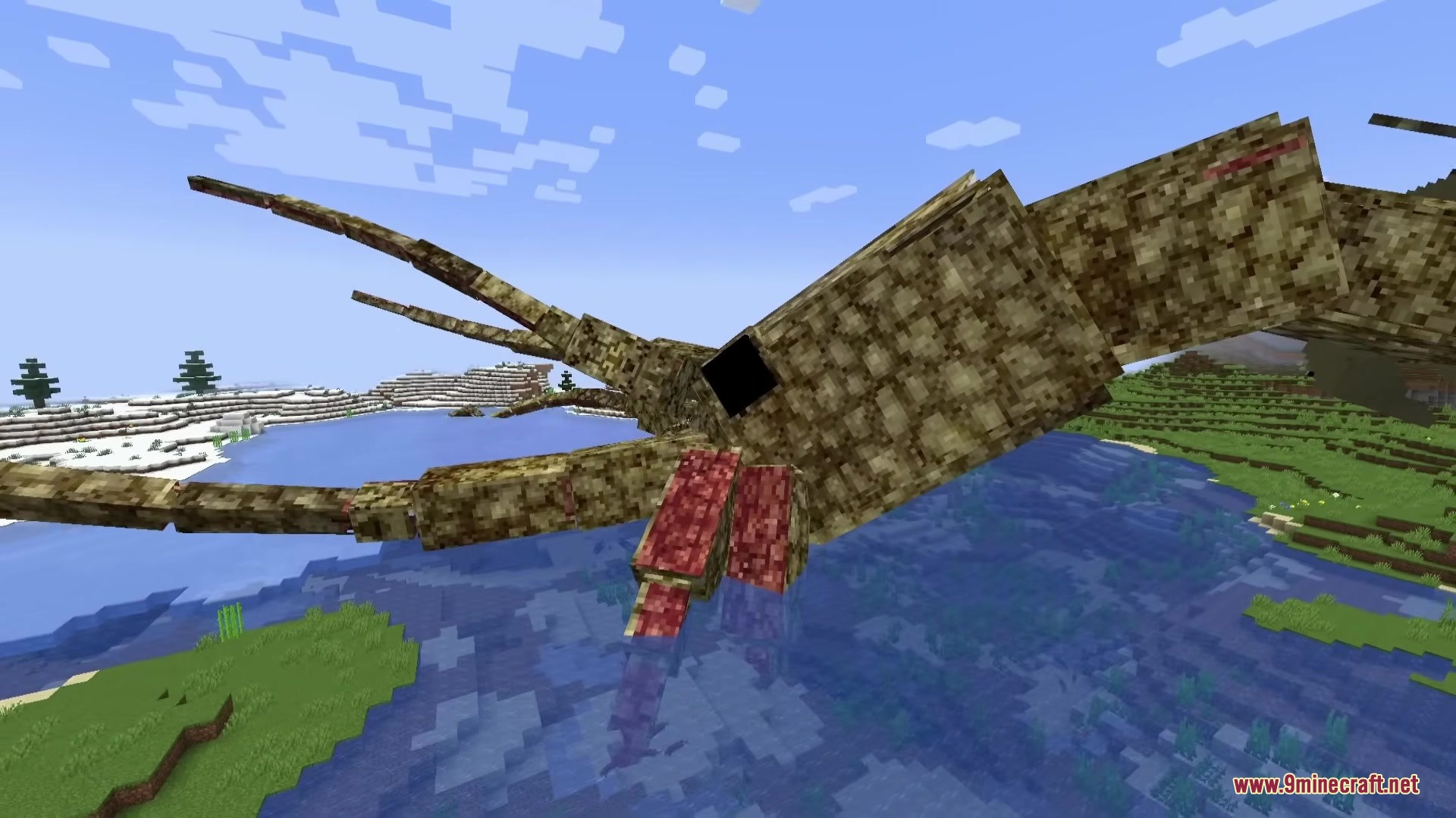Sea Myths Legendary Ocean Monsters & Bosses Creatures Mod Screenshot 8 A giant Kraken with long tentacles swimming near a snowy Minecraft beach