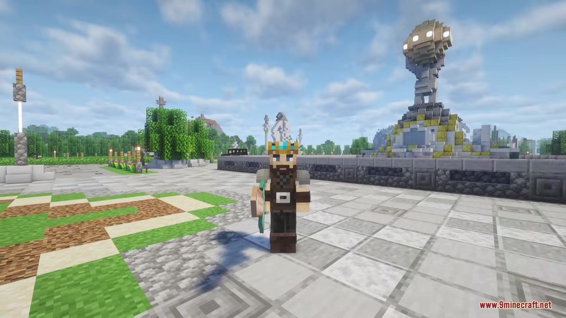 Sea Weapons Mod Screenshot 1 A Minecraft player wearing royal armor stands in a courtyard with a statue