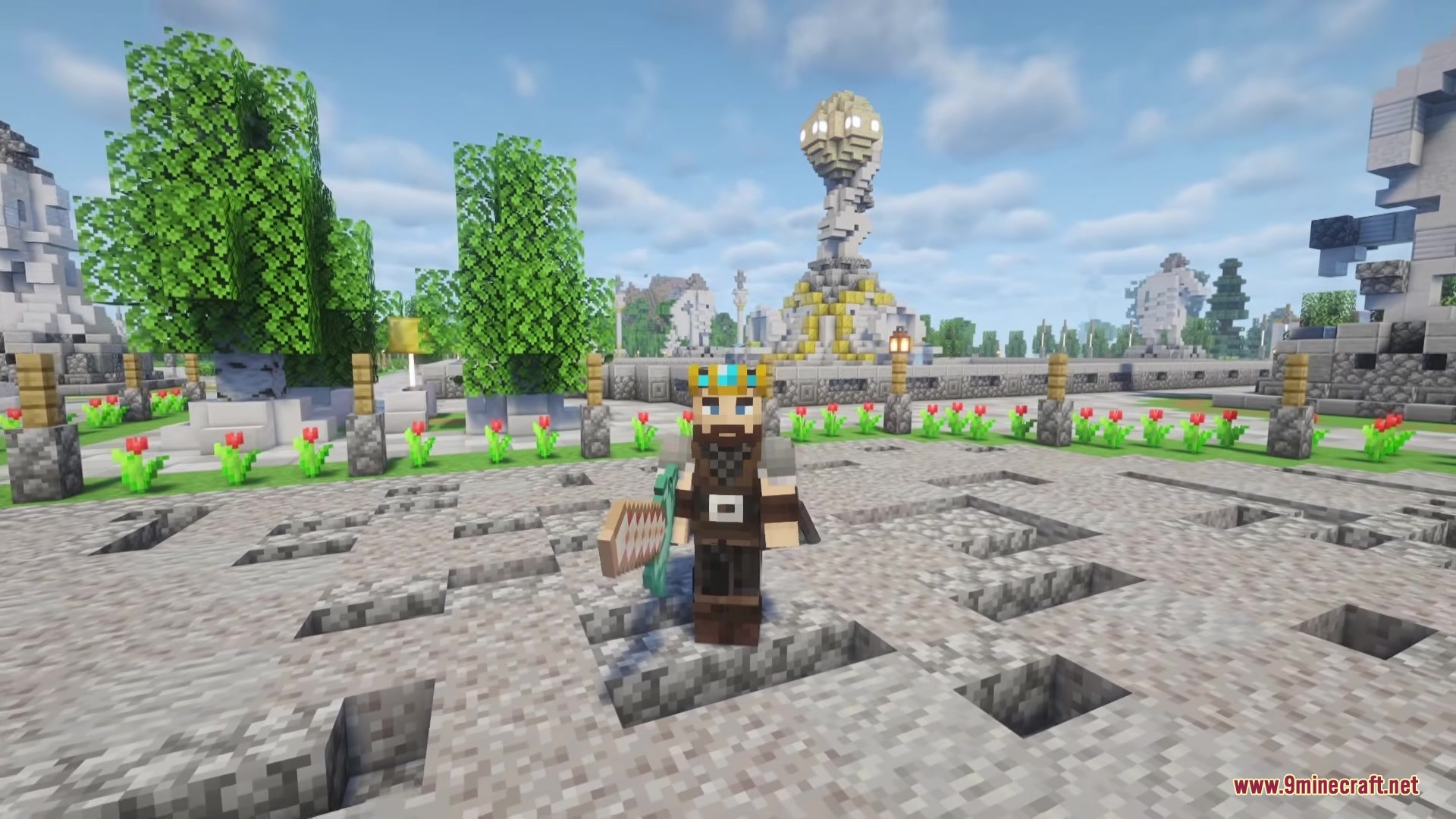 Sea Weapons Mod Screenshot 2 A player character holds a Nautilus Longsword while standing in a stone garden