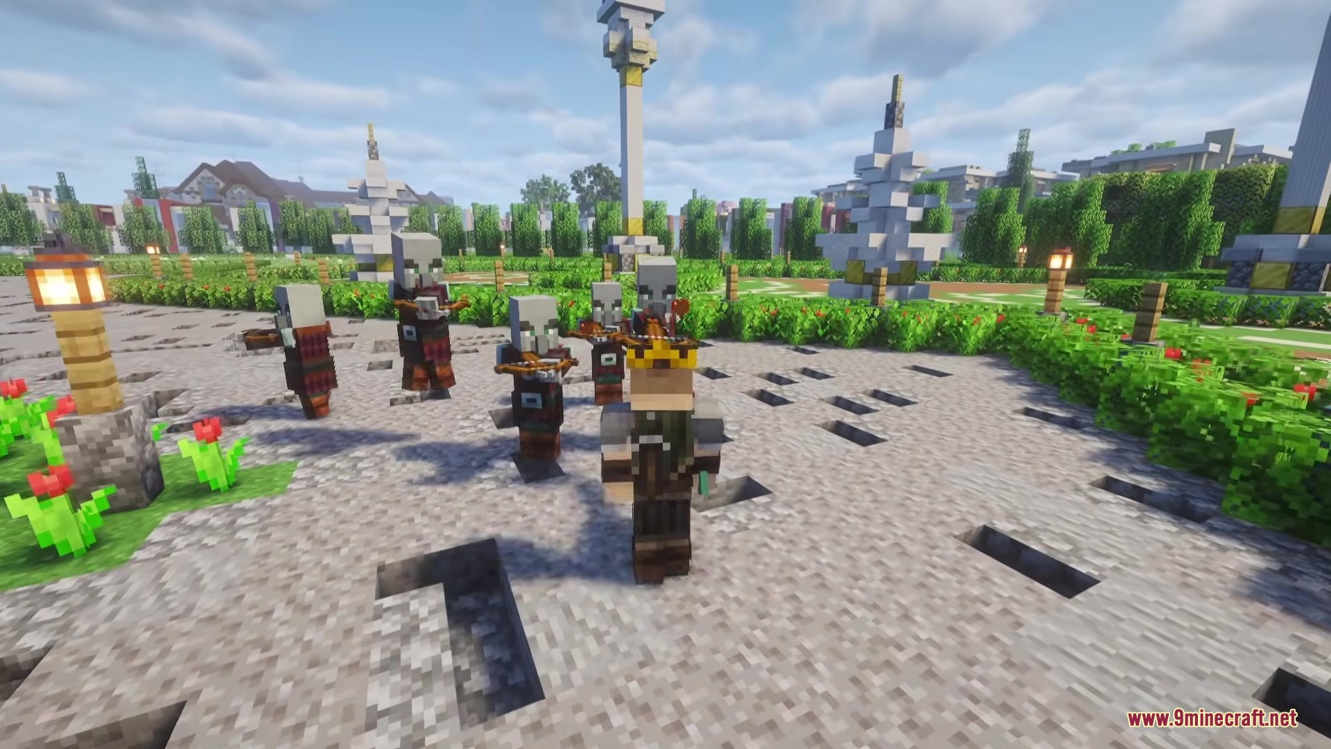 Sea Weapons Mod Screenshot 3 A player wearing a crown stands in front of several hostile Pillagers