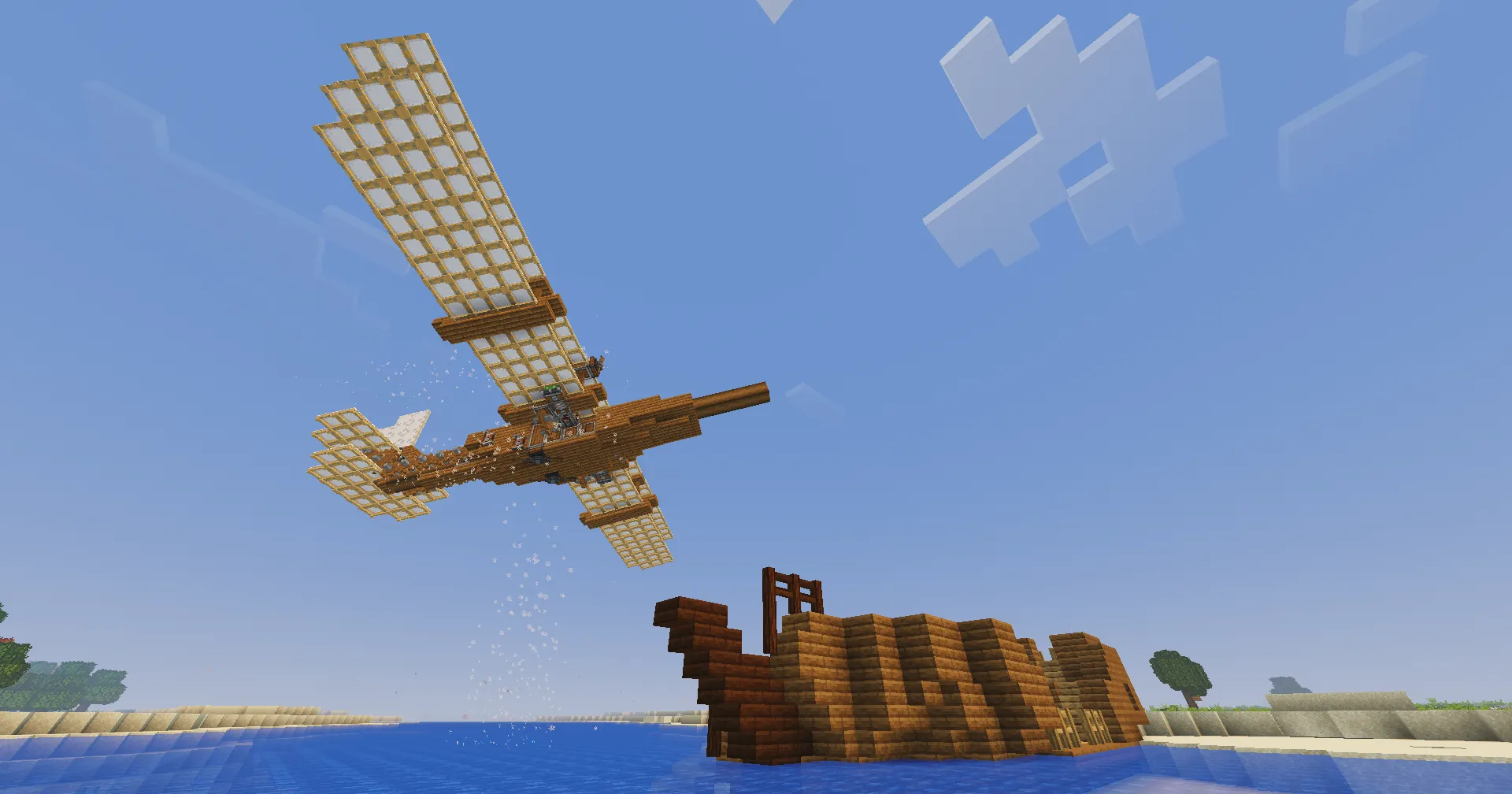A wooden seaplane flying over a shipwreck near the ocean shore