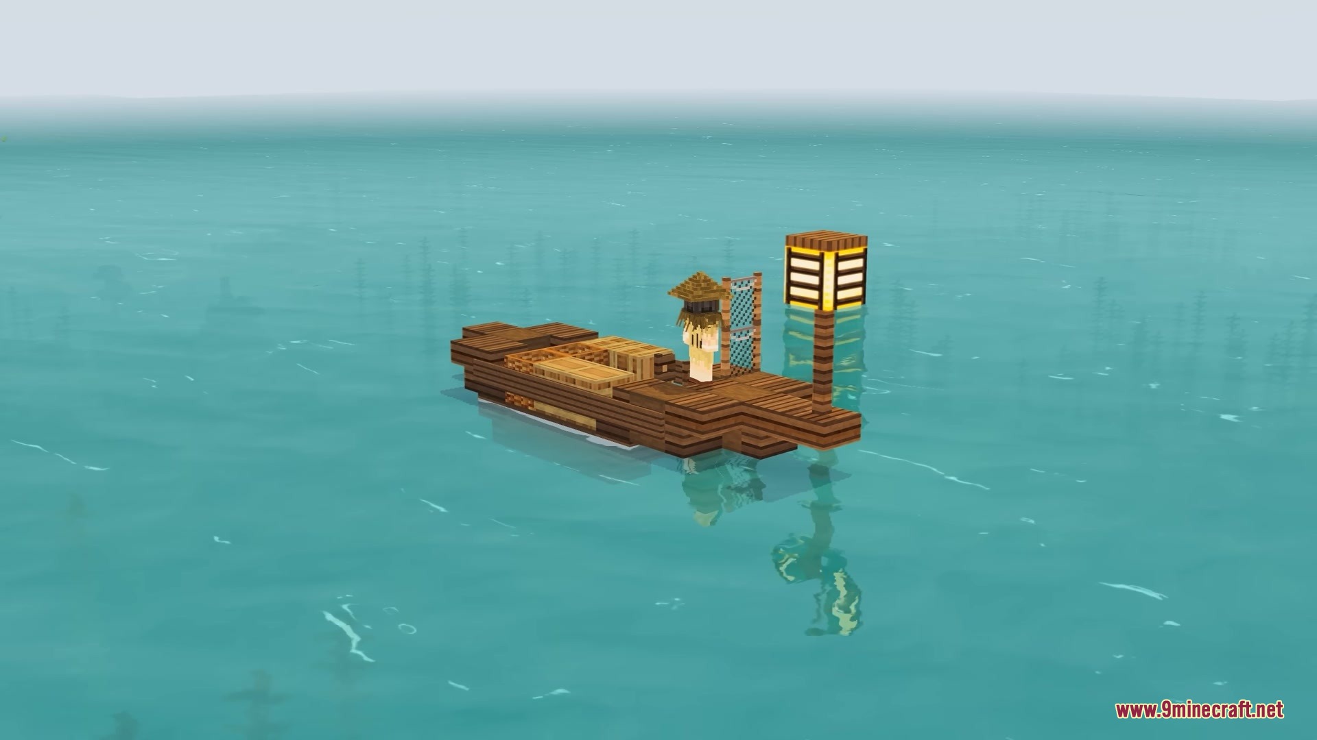 A player character sailing a small wooden boat across the turquoise sea