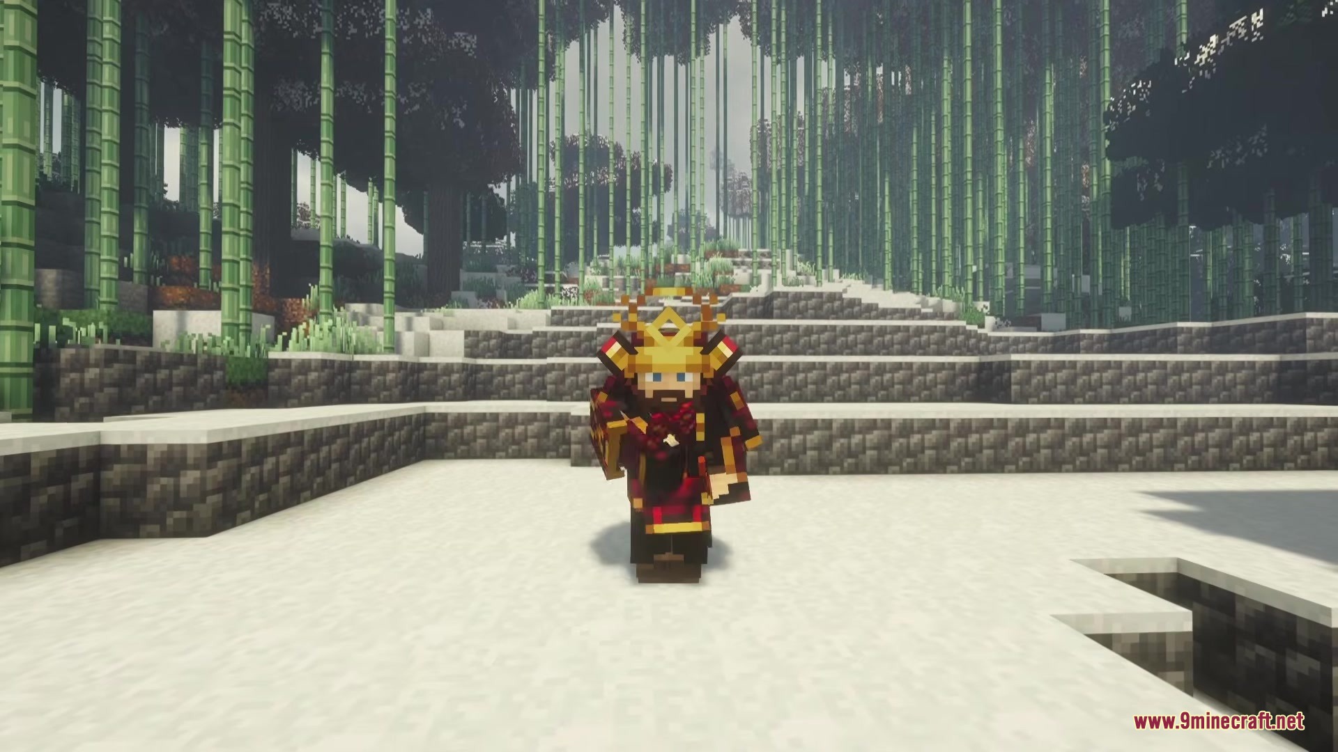 A player wearing red samurai armor stands in a snowy bamboo forest
