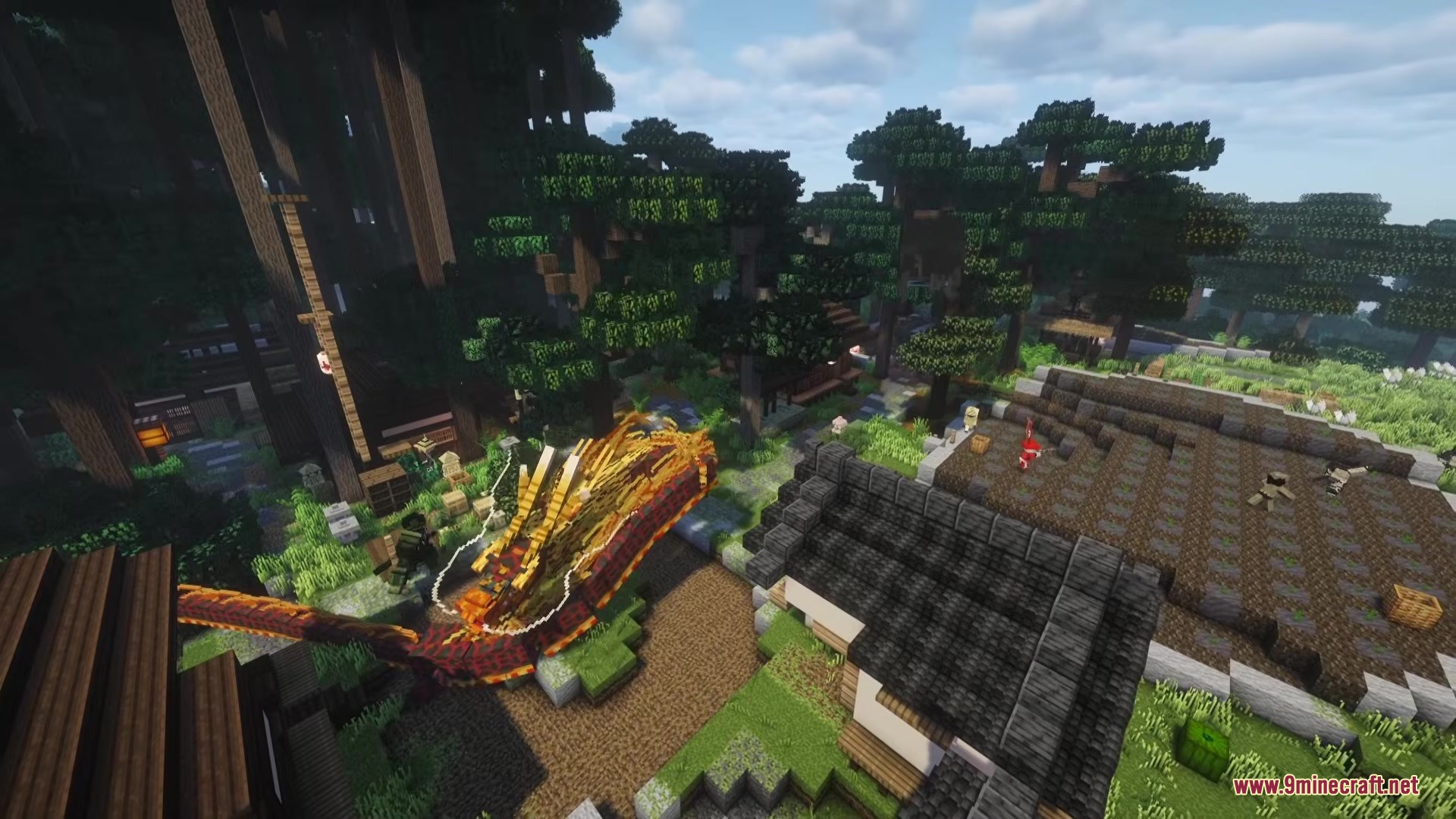 A mythical golden dragon creature in a traditional Japanese village in Minecraft