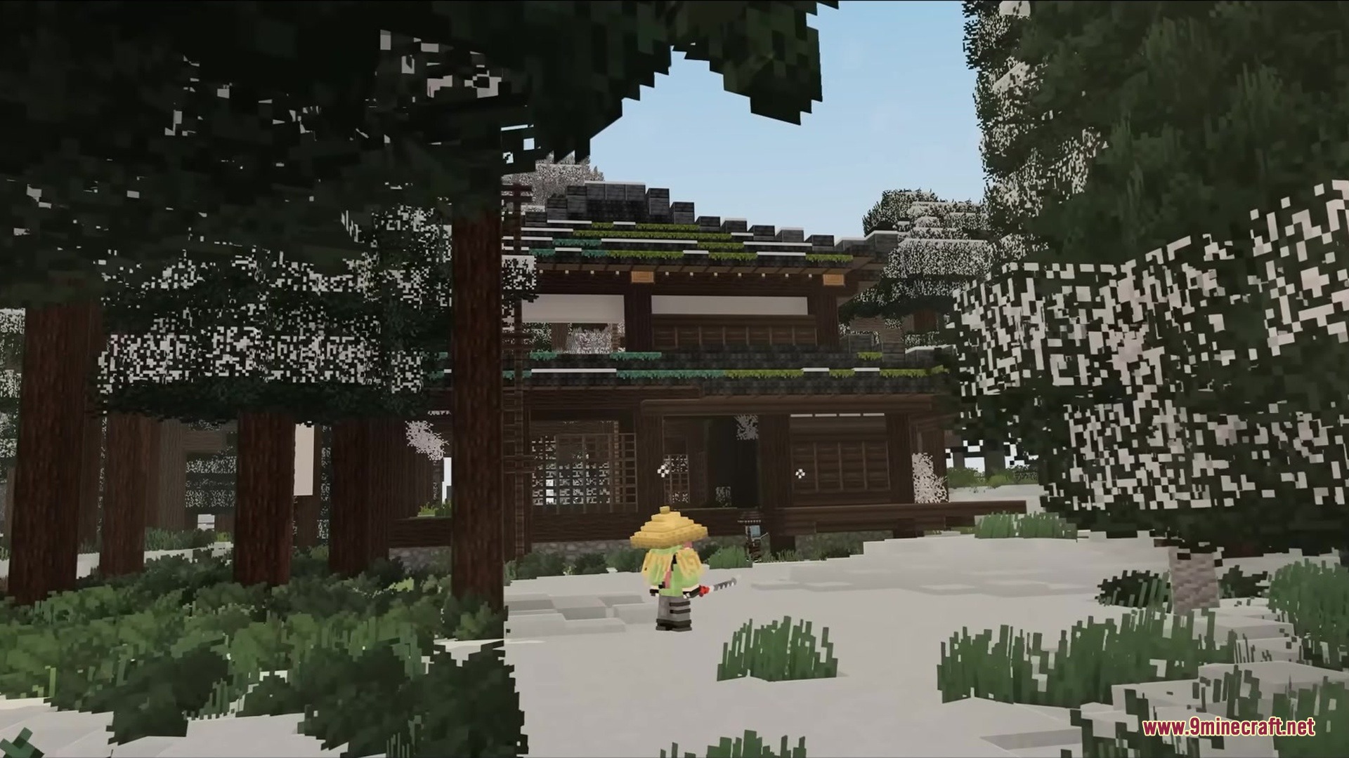 A player in traditional clothing explores a snowy Japanese village in winter