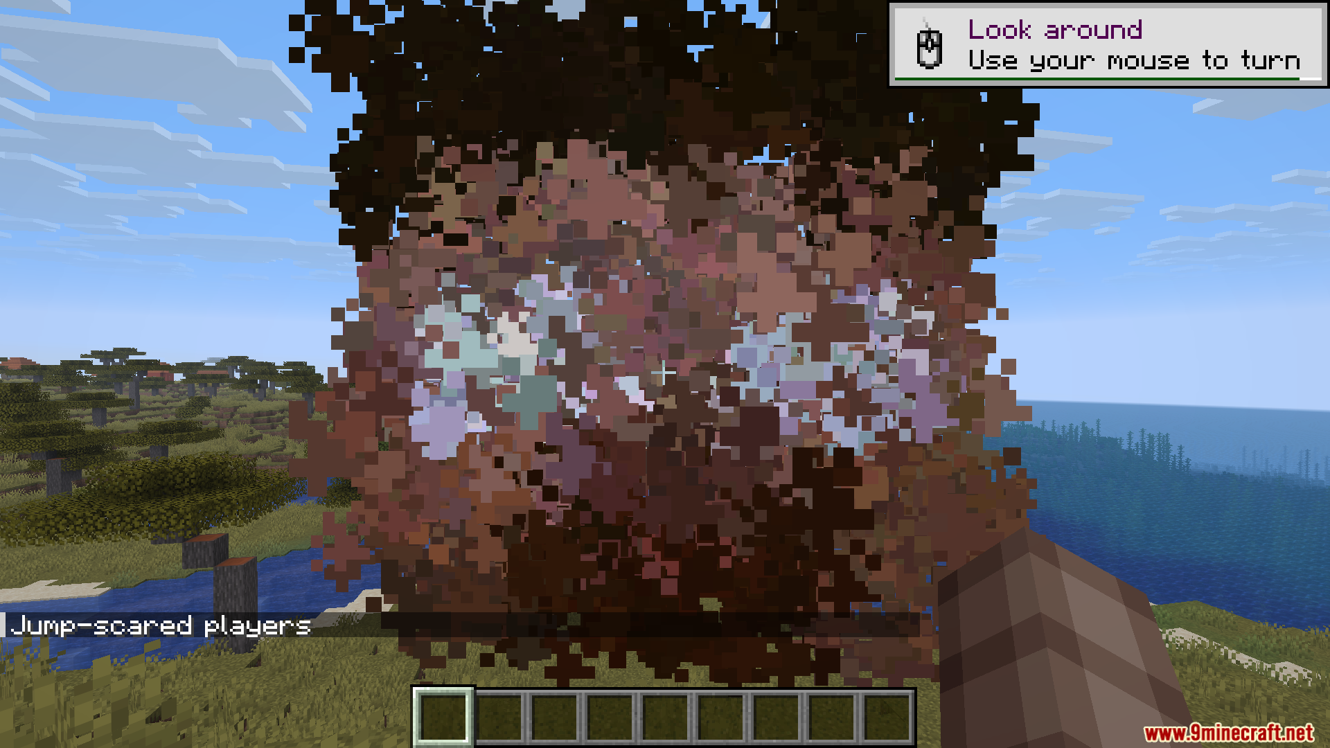 Server Side Horror Mod Screenshot 1 A pixelated jump scare overlay appears on the screen in Minecraft