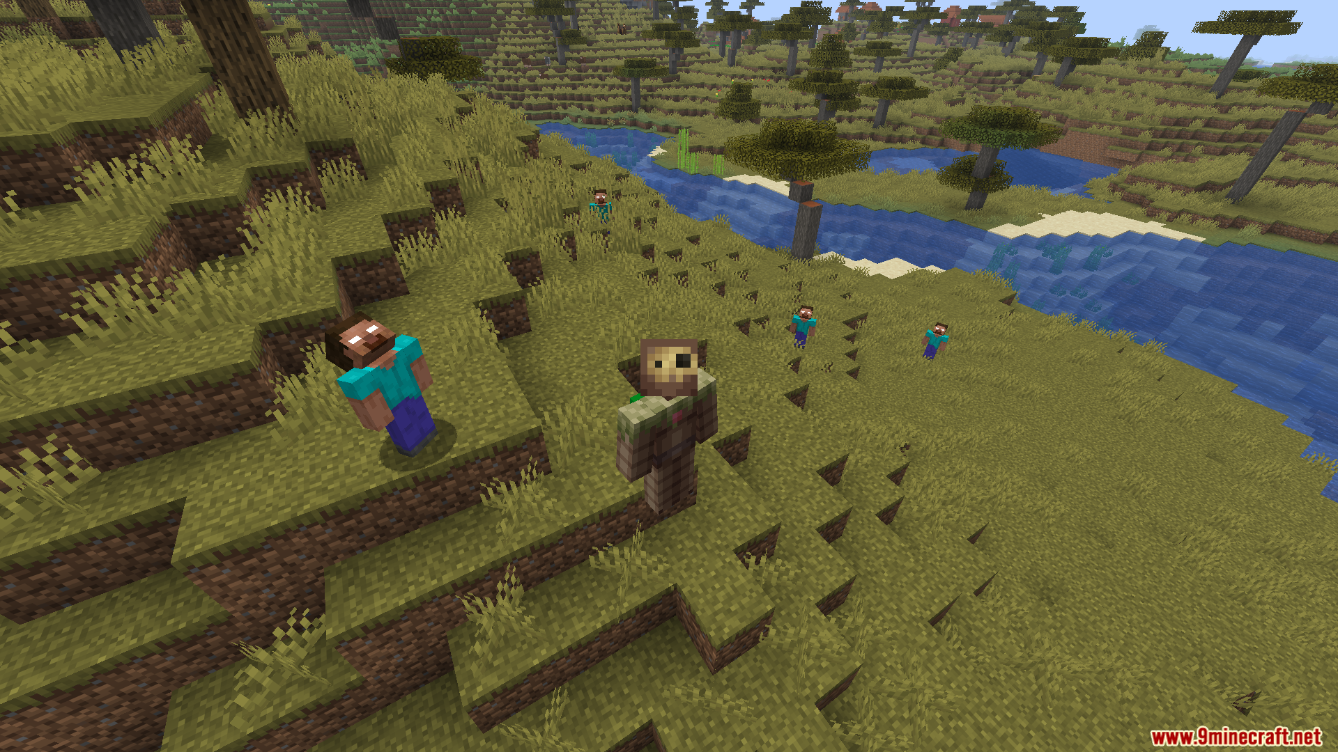 Server Side Horror Mod Screenshot 10 Creepy Steve clones with white eyes surrounding a player on a hill