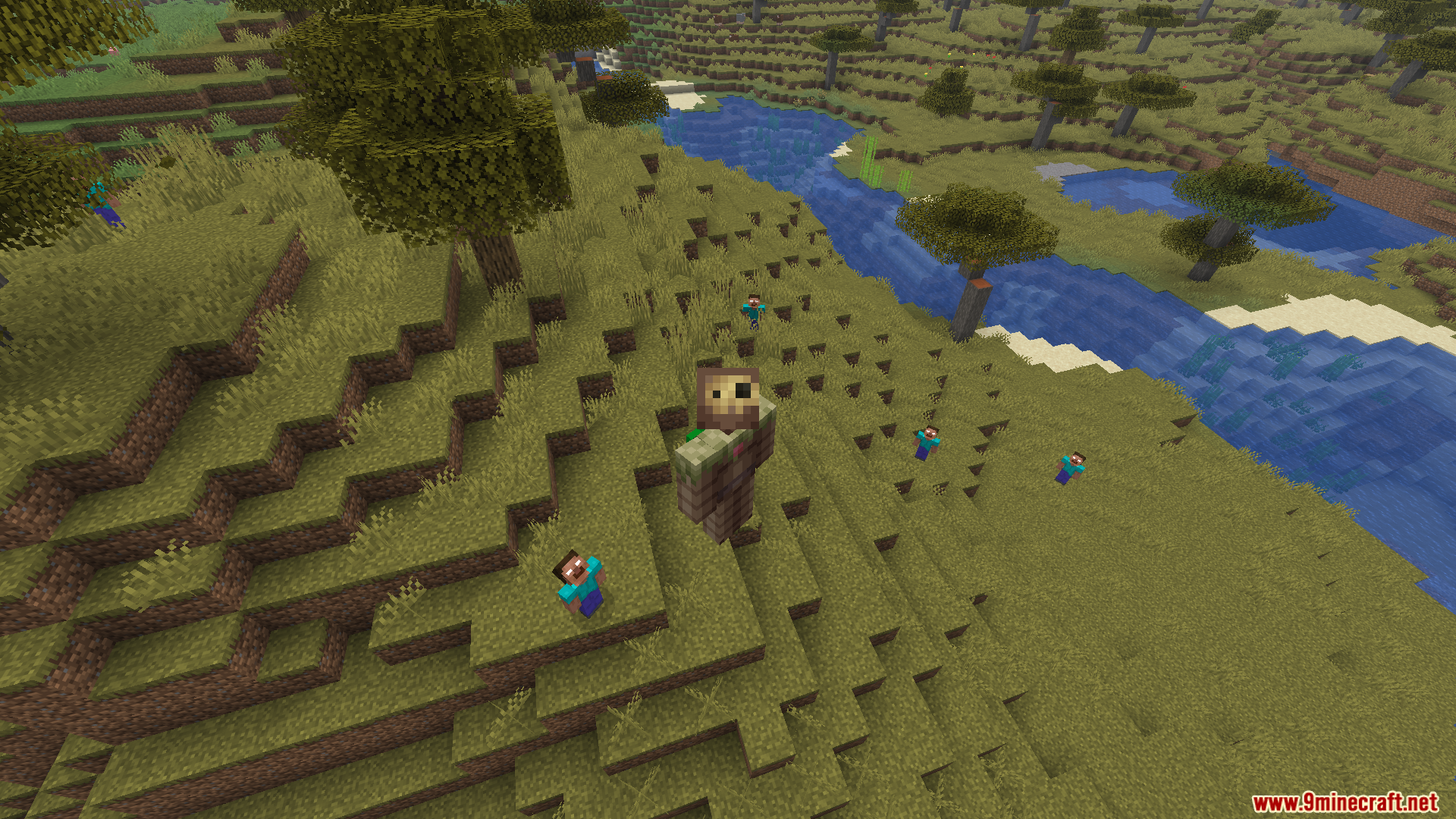 Server Side Horror Mod Screenshot 7 A player stands on a hill surrounded by several small Herobrine figures