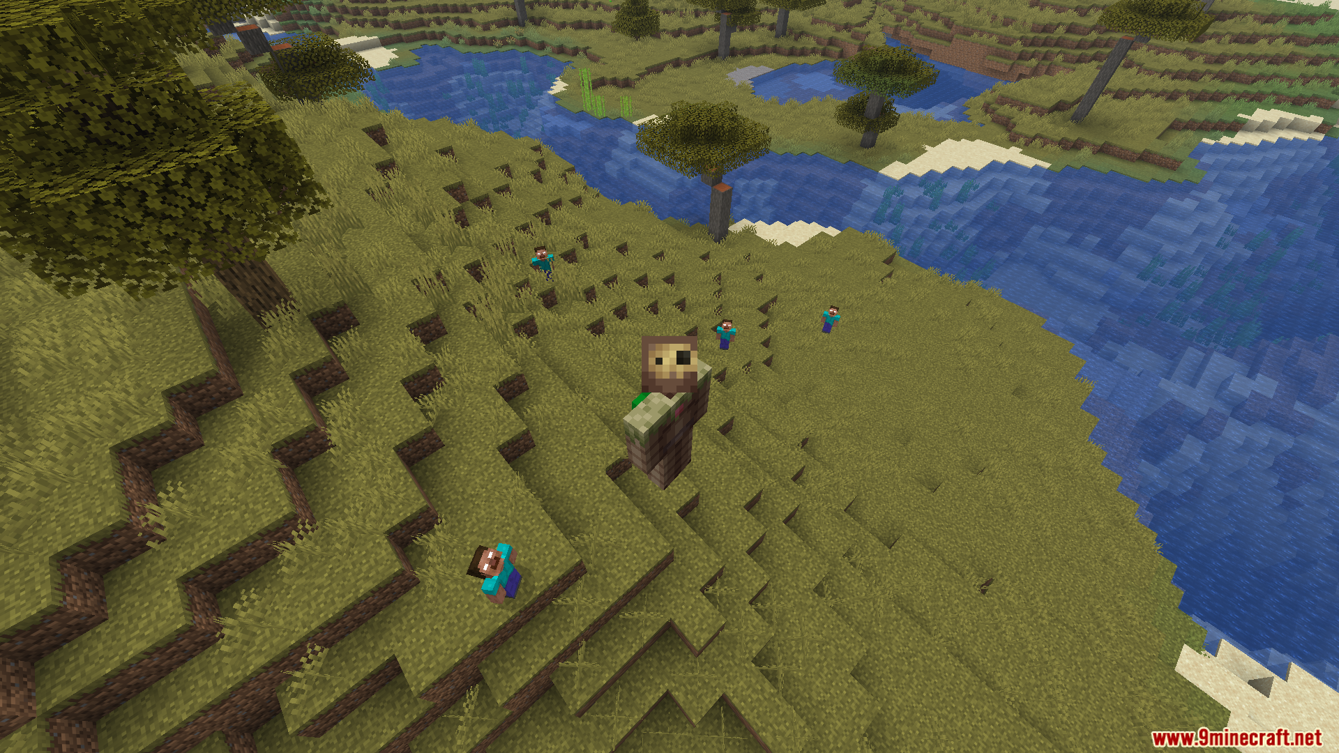 Server Side Horror Mod Screenshot 8 Multiple small Herobrine entities surround a player on a grassy savanna hill