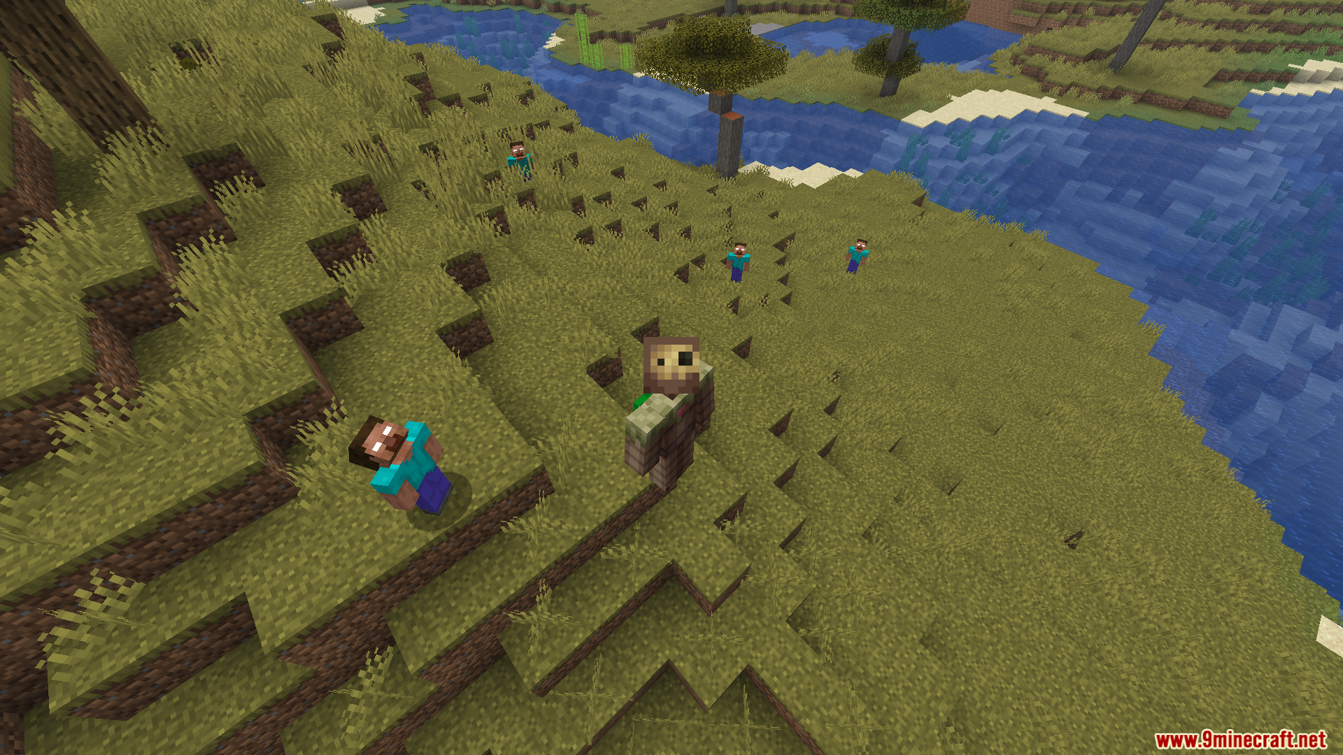 Server Side Horror Mod Screenshot 9 Multiple Herobrine figures standing on a grassy hill near a river