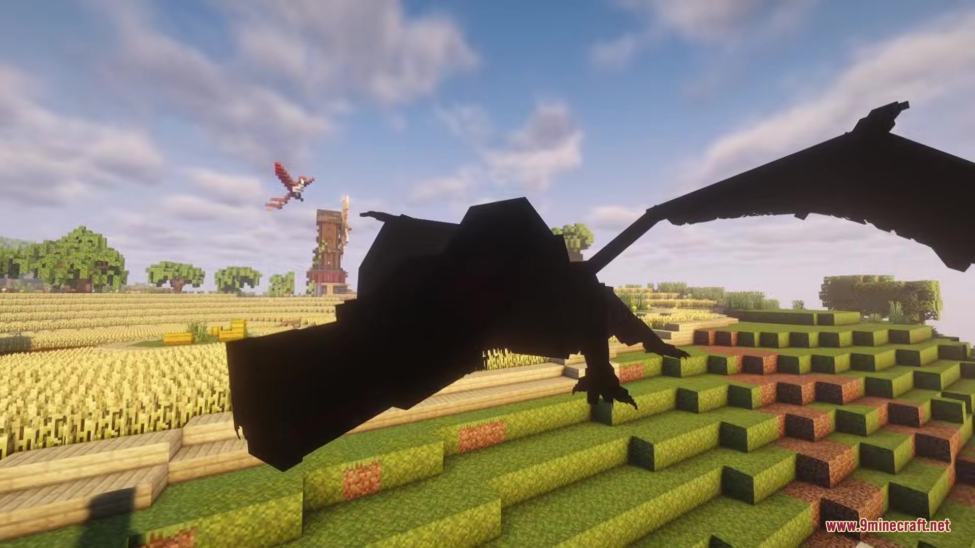 Shadows Z Mod Screenshot 1 A large black shadow dragon flying over a rural Minecraft landscape