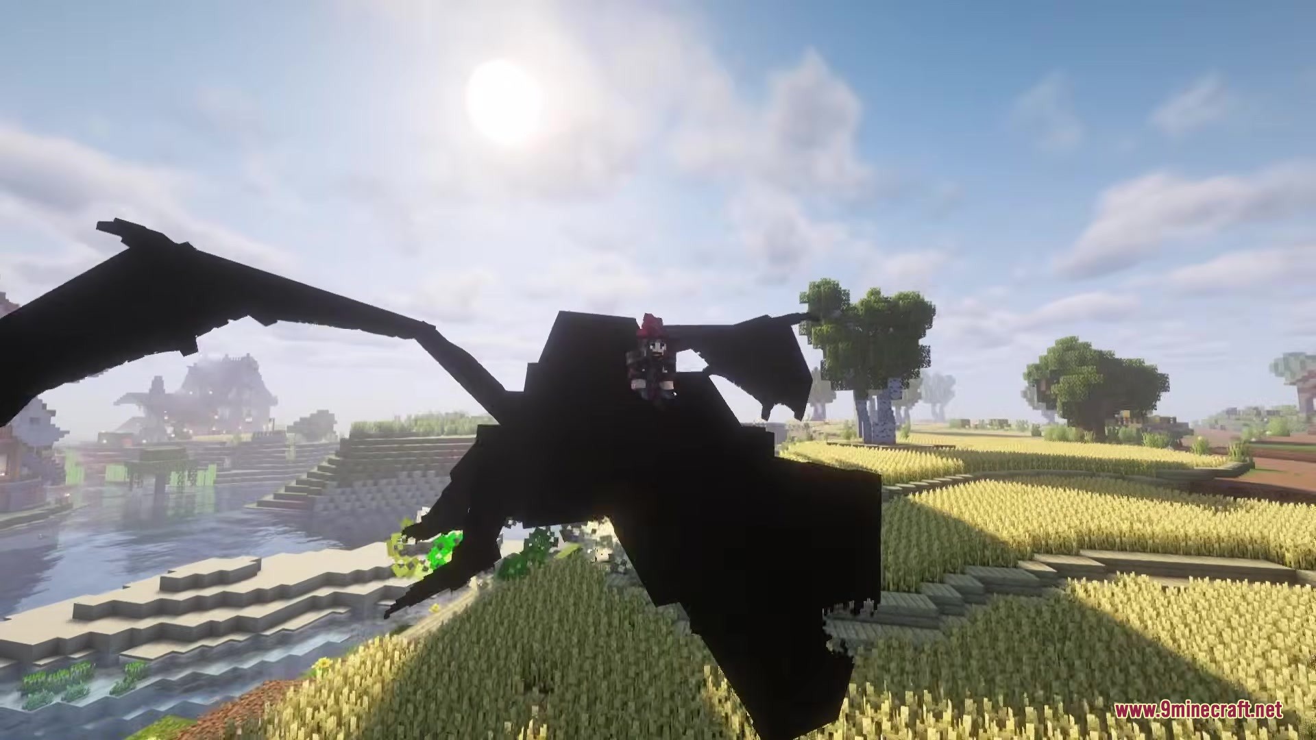 Shadows Z Mod Screenshot 2 A player riding a powerful black shadow dragon through the bright sky